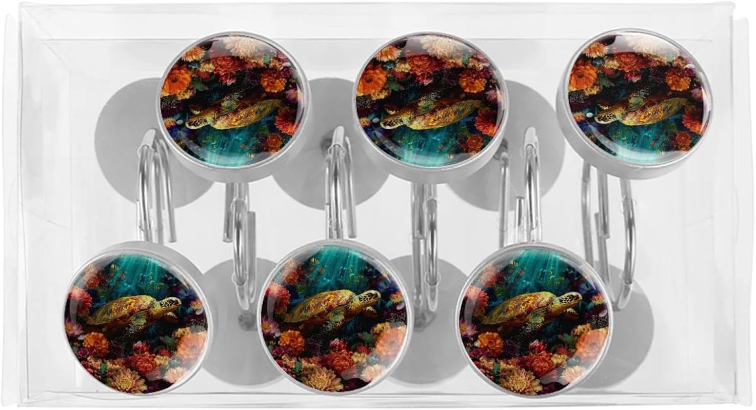 Flower Animal Tropical sea Ocean (2) Round Crystal Glass Decorative Shower Curtain Hooks with 3D Pattern Visual, Rust Proof Shower Curtain Rings-12 Pack