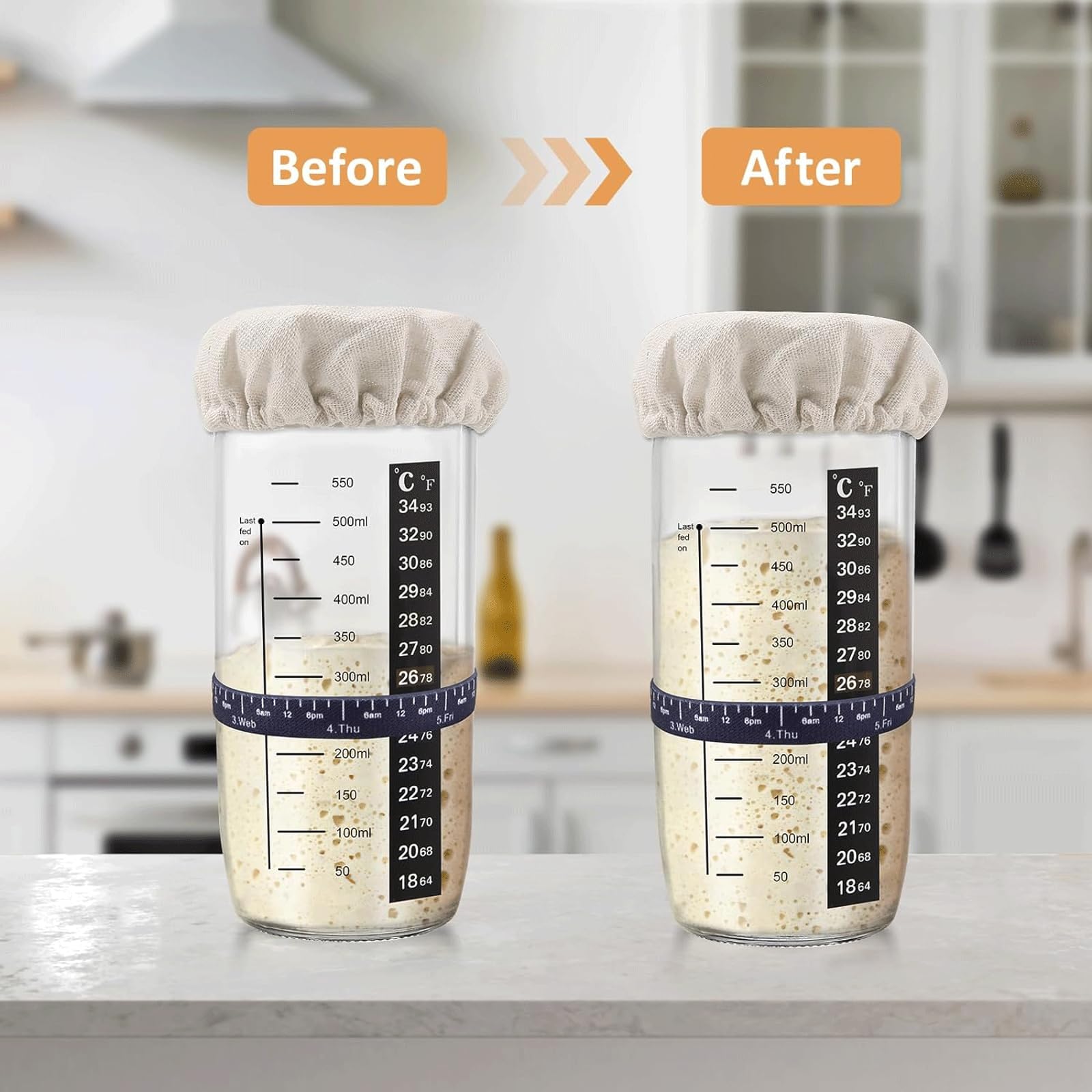 Kit Levain Débutant - Bocal Verre 700 Ml Avec Thermomètre, Spatule, étiquettes - Couvercles Tissu Et Inox