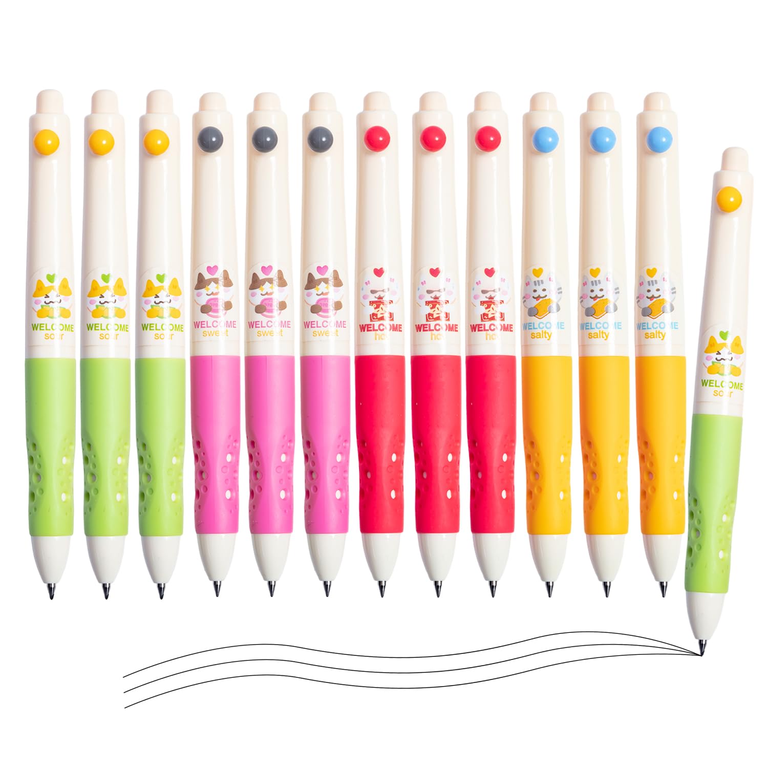 M&G 12 Pcs Cute Gel Pens, 0.5mm Black Ink Fine Point Pens, Retractable Gel Ink Rollerball Pens with Cute Pattern, Kawaii Gel Pens with Colored Pen Holder Smooth Writing for Office School Women Men