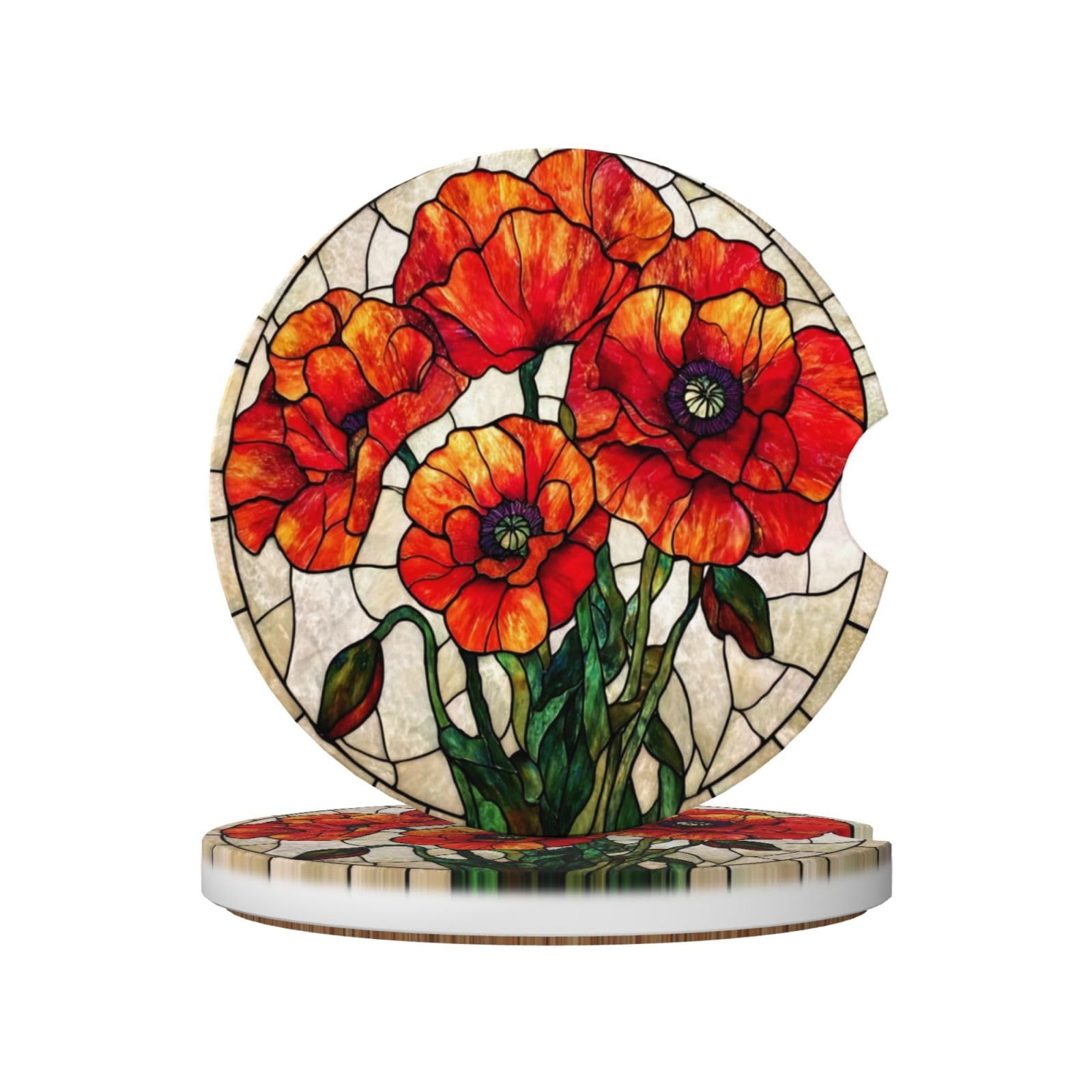 Stained Glass Vibrant Red Poppies Ceramic Coasters,2pcs