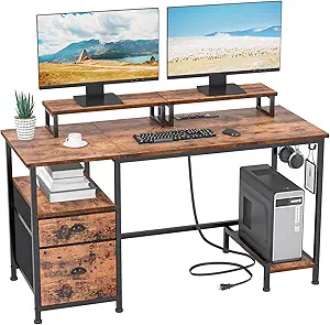 Furologee 47" Computer Desk with File Cabinet and Power Outlets, Home Office Desk with 2 Monitor Stands and Storage Drawer, Writing Gaming Table with Shelves and 2 Hooks for Bedroom, Rustic Brown The Forest Stewardship Council