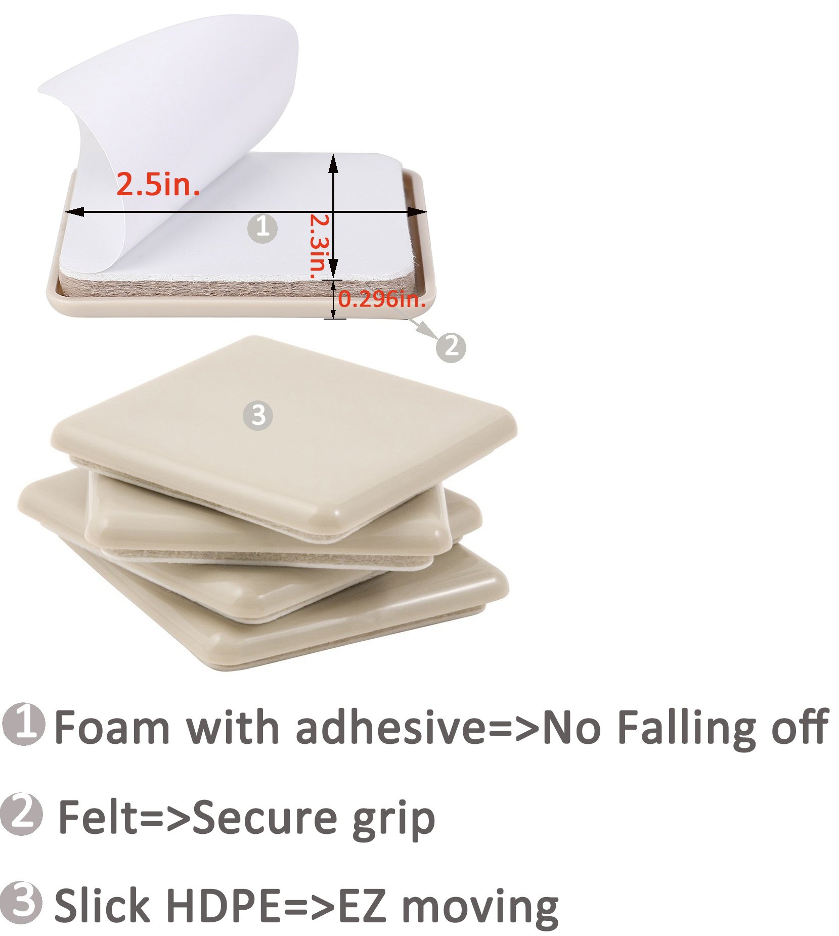 16 Pack 2 5inch Self Stick Square Furniture Moving Sliders for Carpet 2-1 2 Self-Adhesive Furniture Slider Furniture — view 2