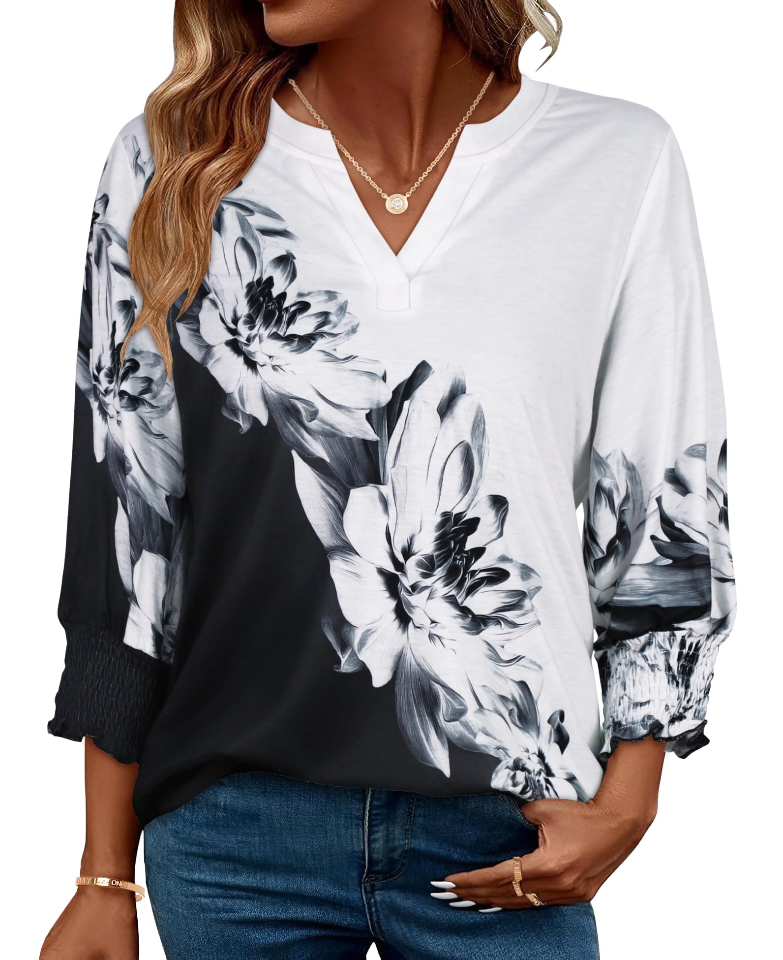Blouse for Women 3/4 Length Sleeve Dressy Tops V Neck Casual Shirt with Smocked Cuffs(S-2XL)