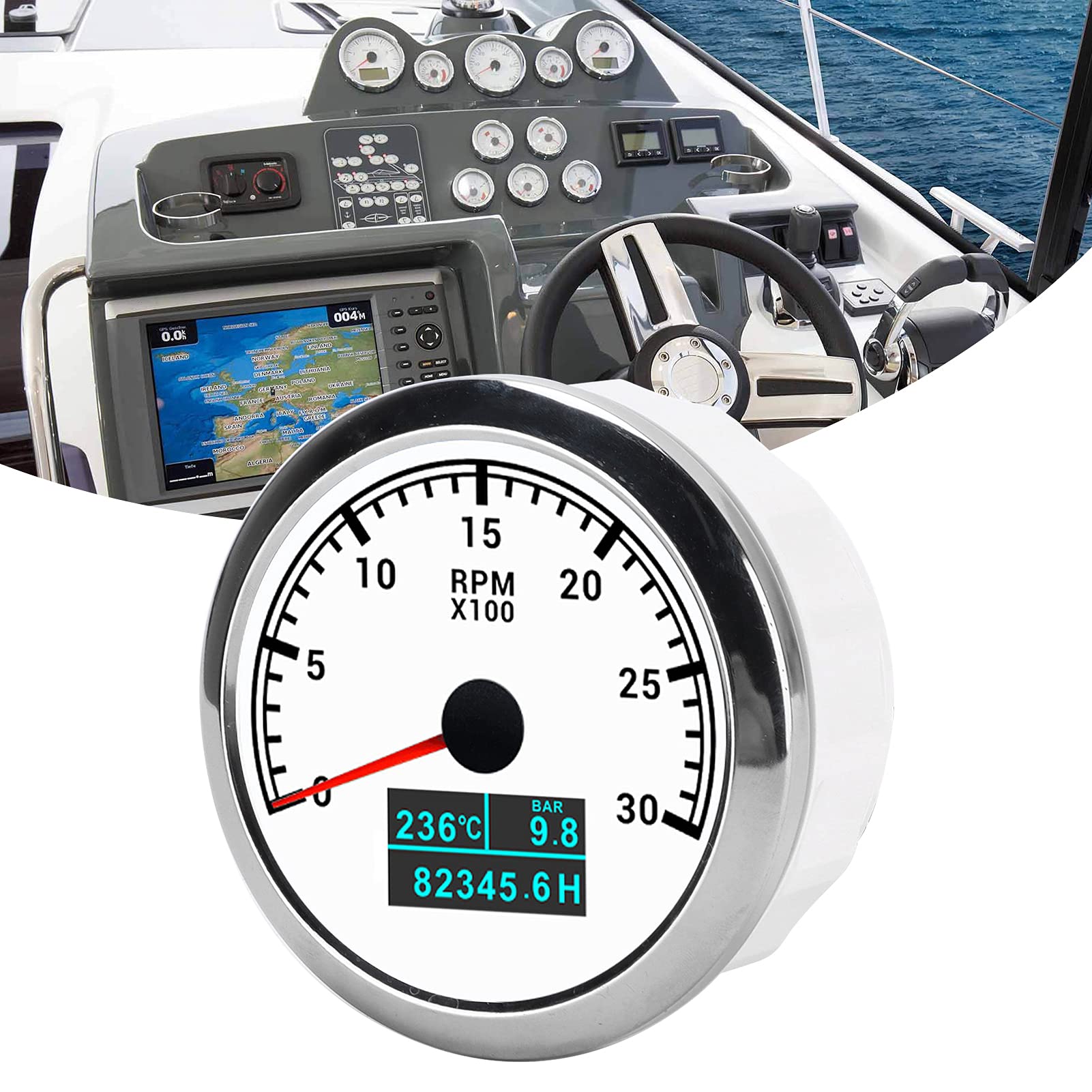 Tacómetro de Puntero, Tacómetro RPM de Acero Inoxidable ABS RPM RPM Instalación Fácil para la Modificación del Automóvil Barcos de Automóvil (esfera blanca)