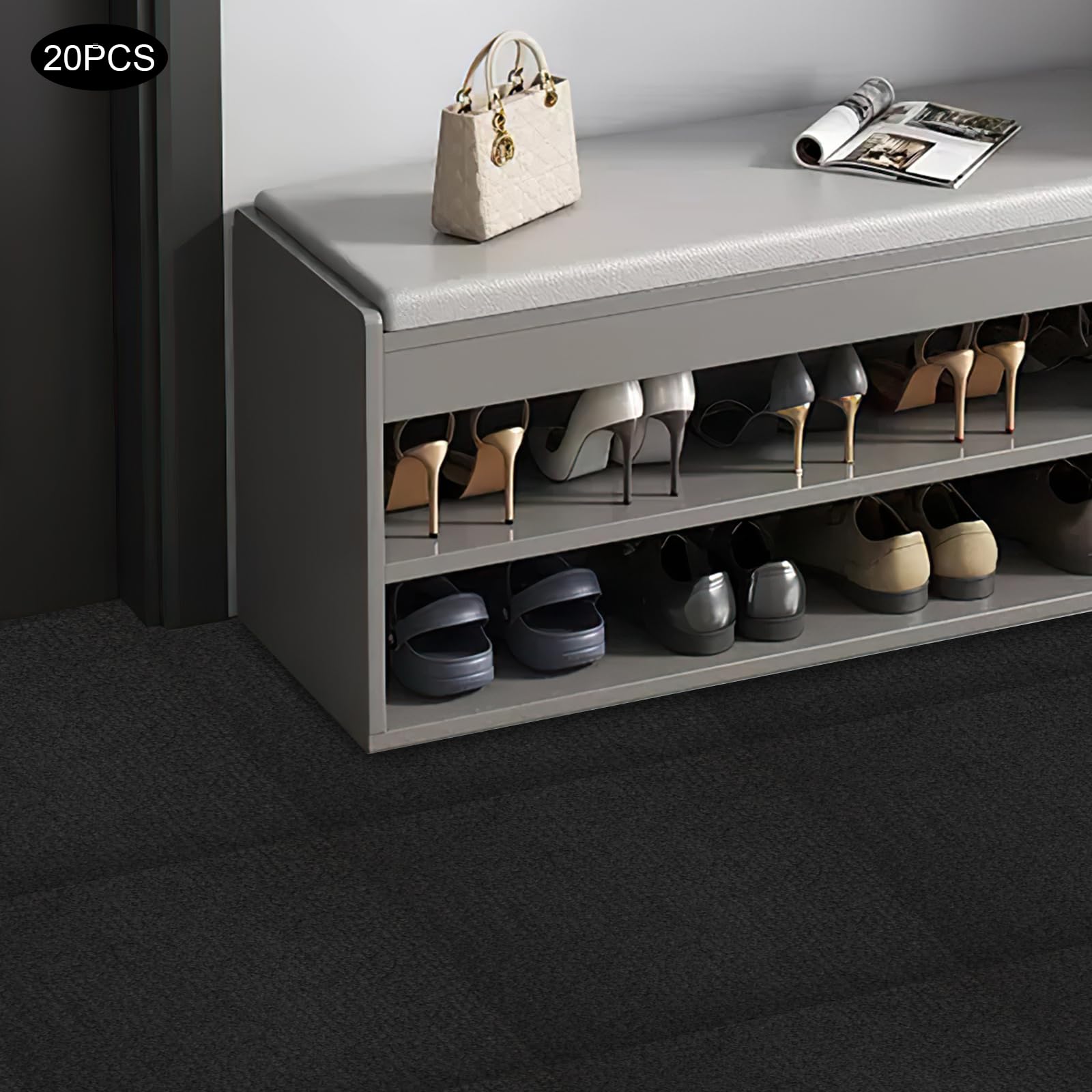 20 Stück Teppichfliesen 50x50cm Teppich mit Antirutsch-Rückseite, Antirutschmatte mit hoher Reibung, selbstklebende Teppichbodenfliesen, Frei Verlegbare, Weiche Polsterteppichboden (Schwarz)