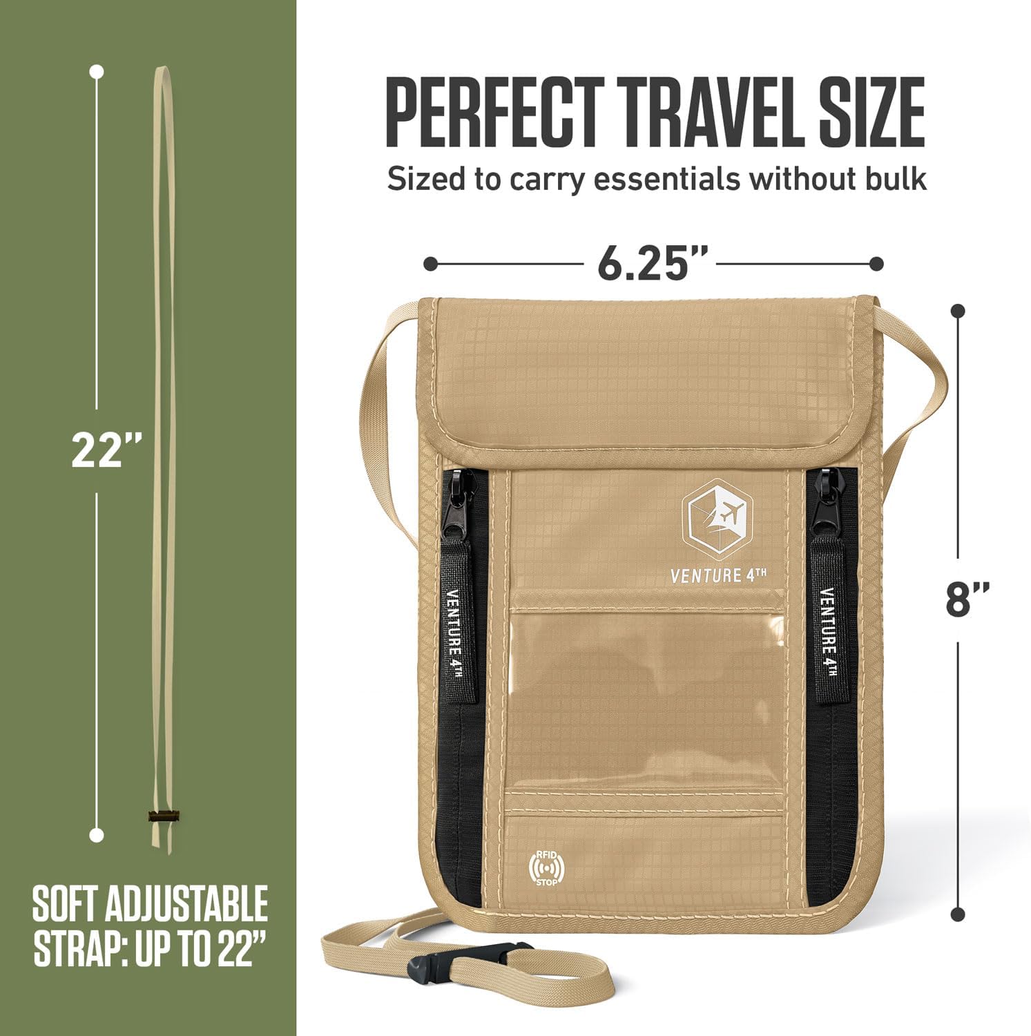 VENTURE 4TH Neck Wallet, RFID Blocking Passport Holder for Travel – Hidden Neck Pouch with 6 Compartments, Slim Lightweight Organizer with Adjustable Strap for Cash, Cards & Passport (Beige) - Image 3