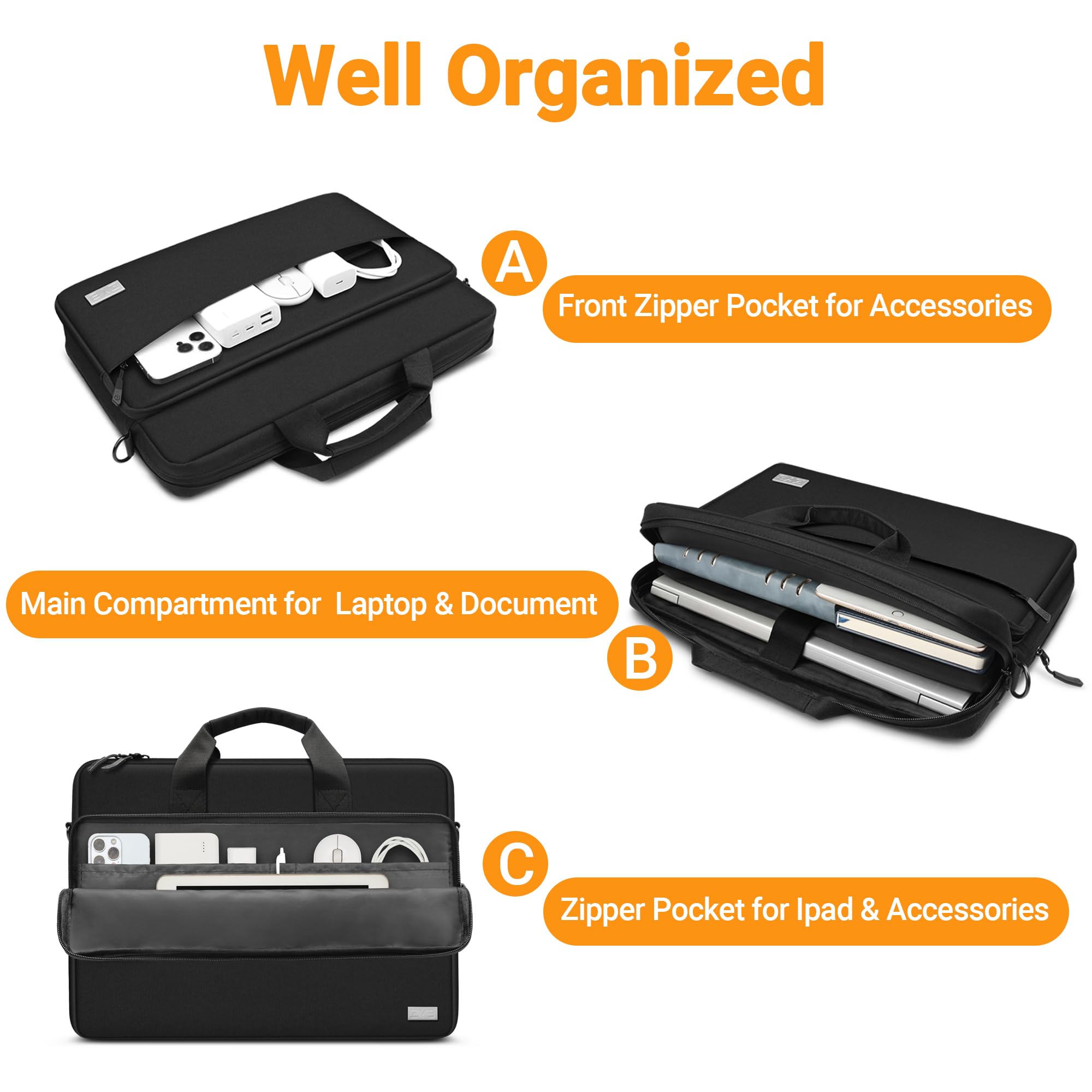 ZYB Grand Capacité Sacoche Ordinateur 15.6-16 Pouces,Étanche Sacoche PC Portable 15.6 16 Pouces Housse Protection Sac à Bandoulière Pochette pour 15-15.6" Laptop/Lenovo/HP/Dell/Acer/MSI/ASUS etc-Noir