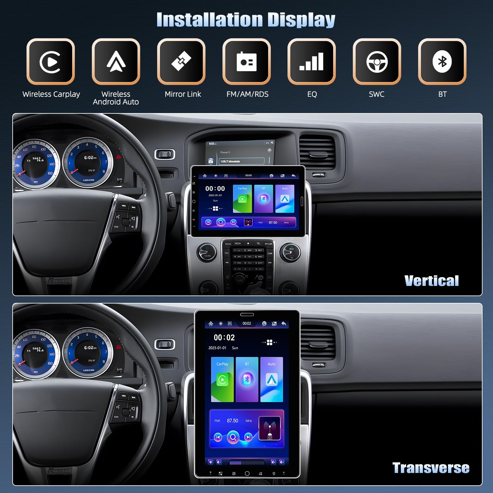 CAMECHO Autoradio 1 Din, 10 Pouces sans Fil A-pple Carplay Android Auto avec Caméra de Recul, Pivotant IPS Touchscreen Radio avec FM/AM/RDS Bluetooth 5.2 EQ Mirror Link +Commandes au Volant