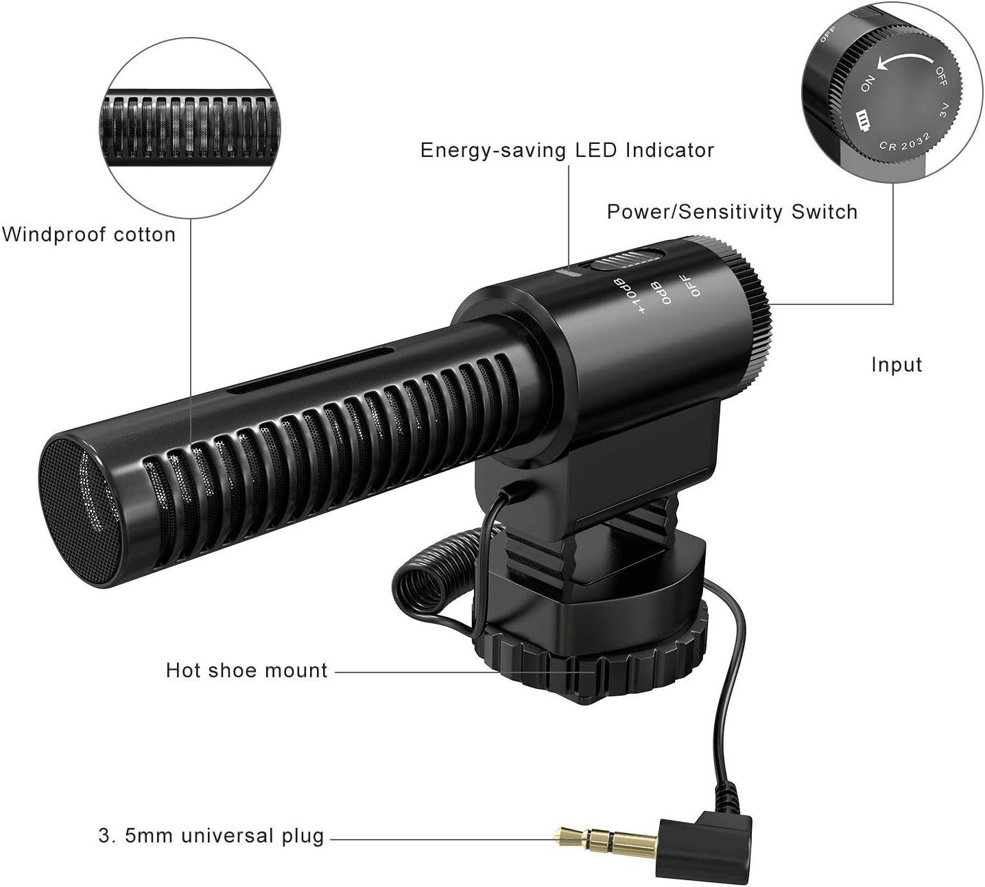 Camera Microphone, Emiral Video Microphone for DSLR Interview with +10db Enhancement, 3.5mm Jack, Aluminum Alloy Body Anti-Vibration Base, for Canon Nikon Sony Panasonic