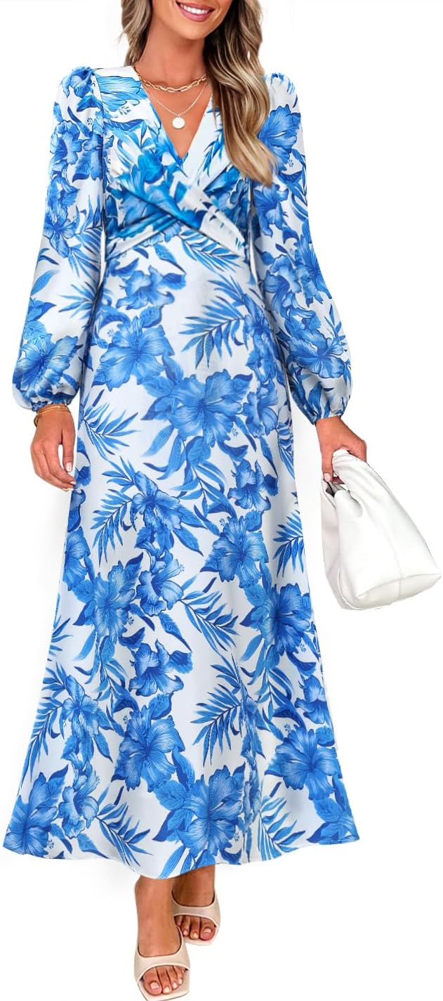 ZESICA Women's Floral Long Sleeve Midi Dresses 2026 Fall Boho V Neck Belted High Wasit Flowy Wedding Cocktail Party Dress Blue X-Large
