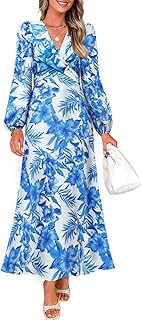 Women's Floral Long Sleeve Midi Dresses 2025 Fall Boho V Neck Belted High Wasit Flowy Wedding Cocktail Party Dress