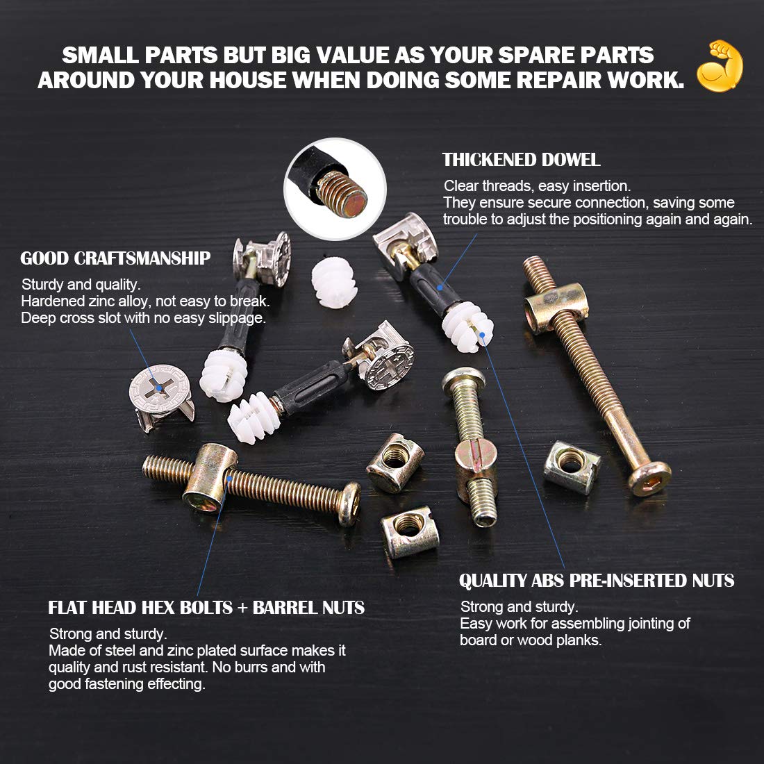 Hilitchi 125 Pcs 3 in 1 Cam Fitting with Dowel and Pre-Inserted Nut with Zinc Plated Hex Drive Socket Cap Furniture Barrel Nuts Crib Screws Assortment Kit Furniture Connecting Hardware Connectors