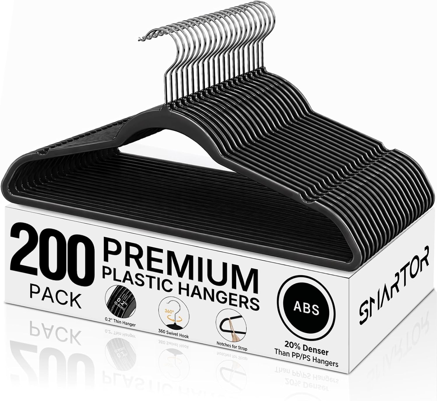 SMARTOR Plastic Hangers 200 Pack - Thin Hangers for Space Saving - Black
