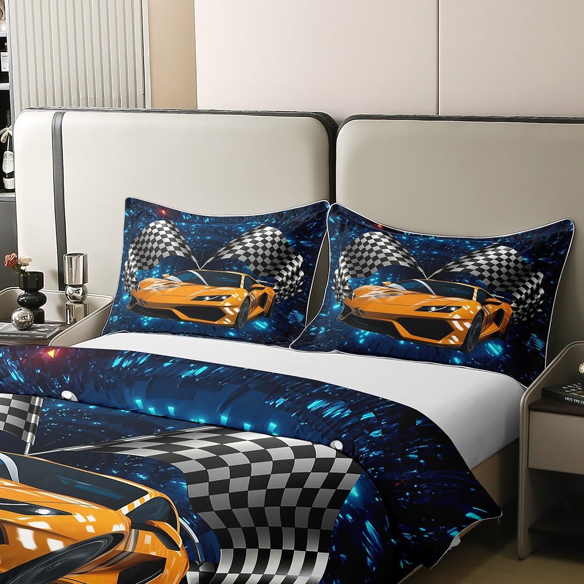 Kids Sports Car 100% Cotton Duvet Cover Sets Twin Size,2 Piece Race Car Bedding Set With 1 Pillowcase For Teens Boys Girls Bedroom Decor,Black White Check Flag Comforter Cover,Glowing Neon Bed Sets
