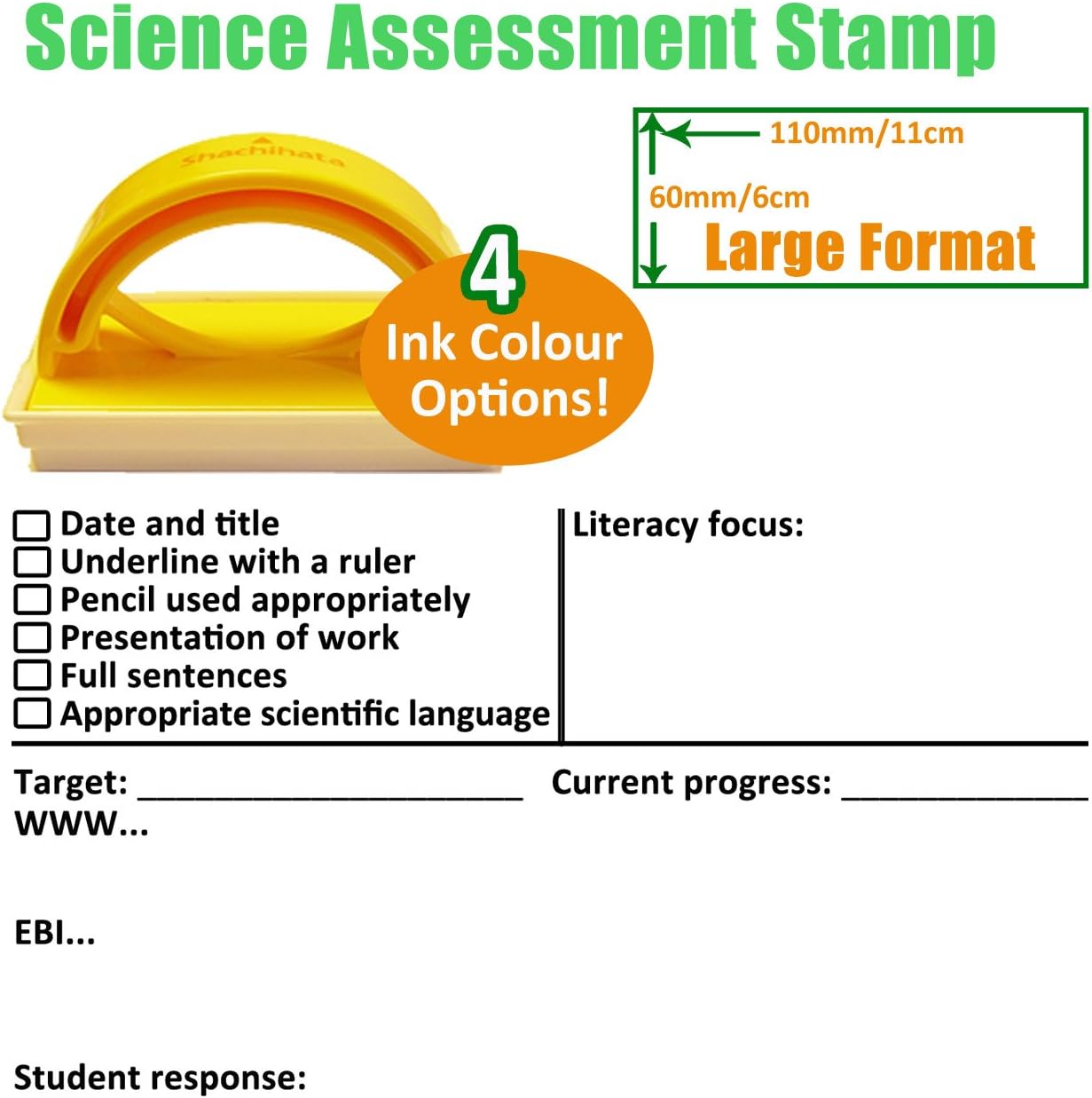 Science Marking, Feedback and Student Response Teacher Stamp - Large 5x10cm (Black Ink)