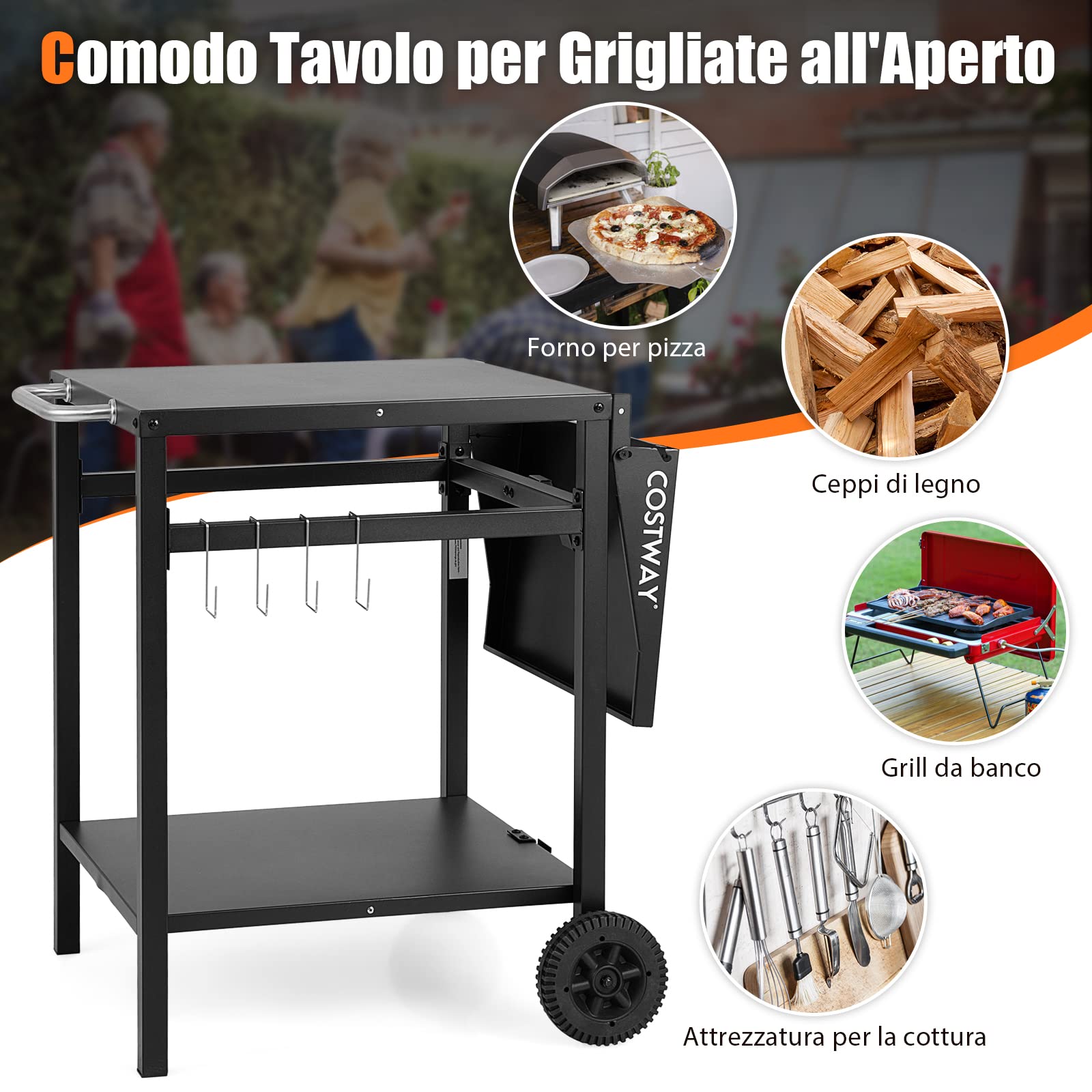 COSTWAY Carrello per Barbecue, Carrello di Servizio con Ruote e 4 Ganci, Pannello Laterale Pieghevole, Carrello Cucina Multiuso per Forno da Pizza, per Casa Cortile Patio e Giardino