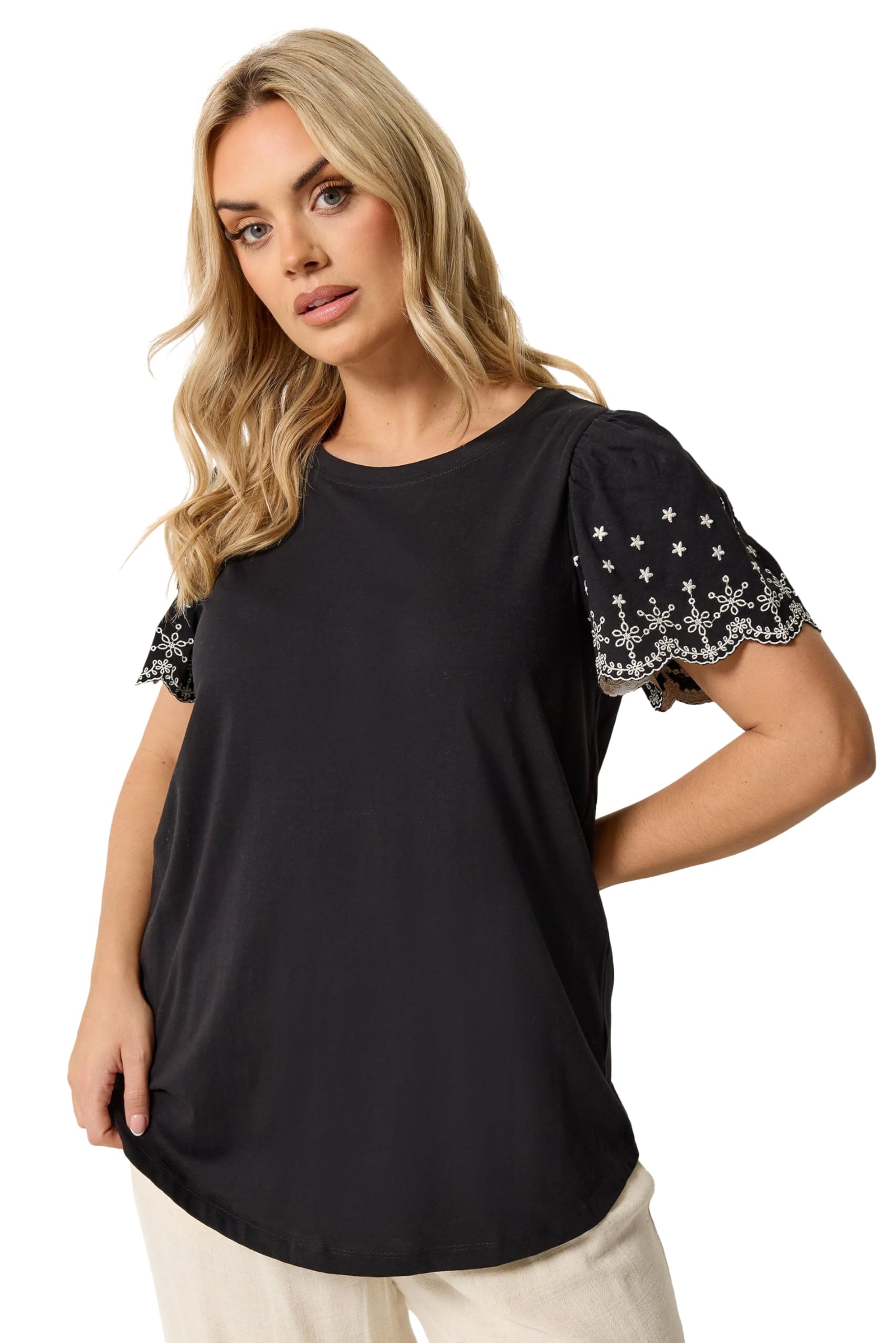 Yours Women's Black Embroidered Sleeve T-Shirt In | : 22/24