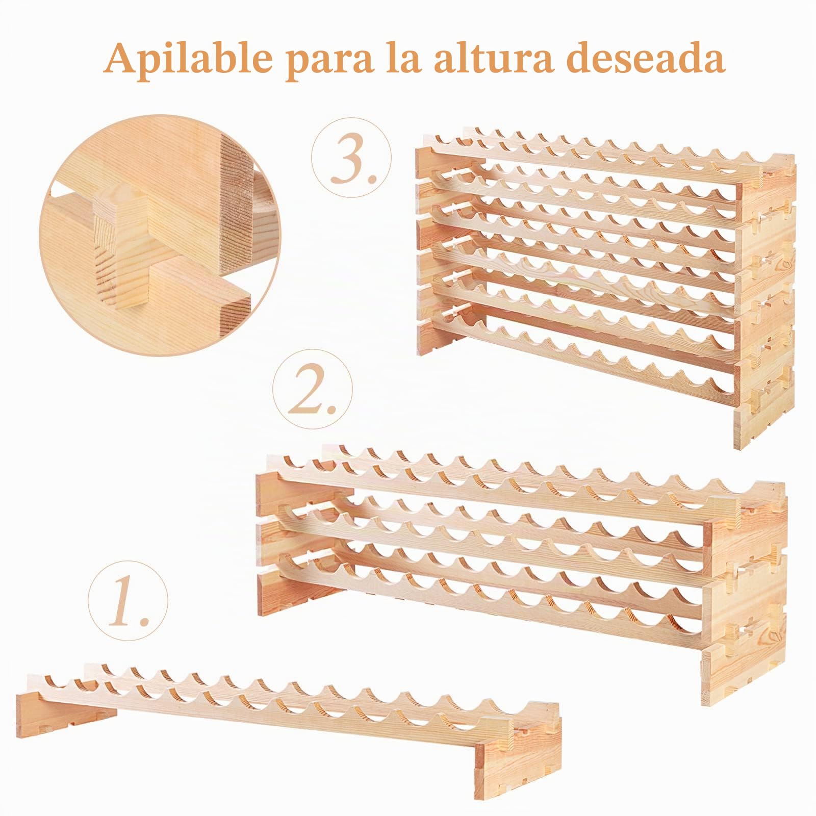 KOMFOTTEU Botellero de Madera para 72 Botellas, Estantería de Vino Apilable de 6 Niveles, Soporte para Botellas de Pie, Armario para Vino con Carga 90 kg, para Bar, Bodega, 119 x 29 x 71,5 cm