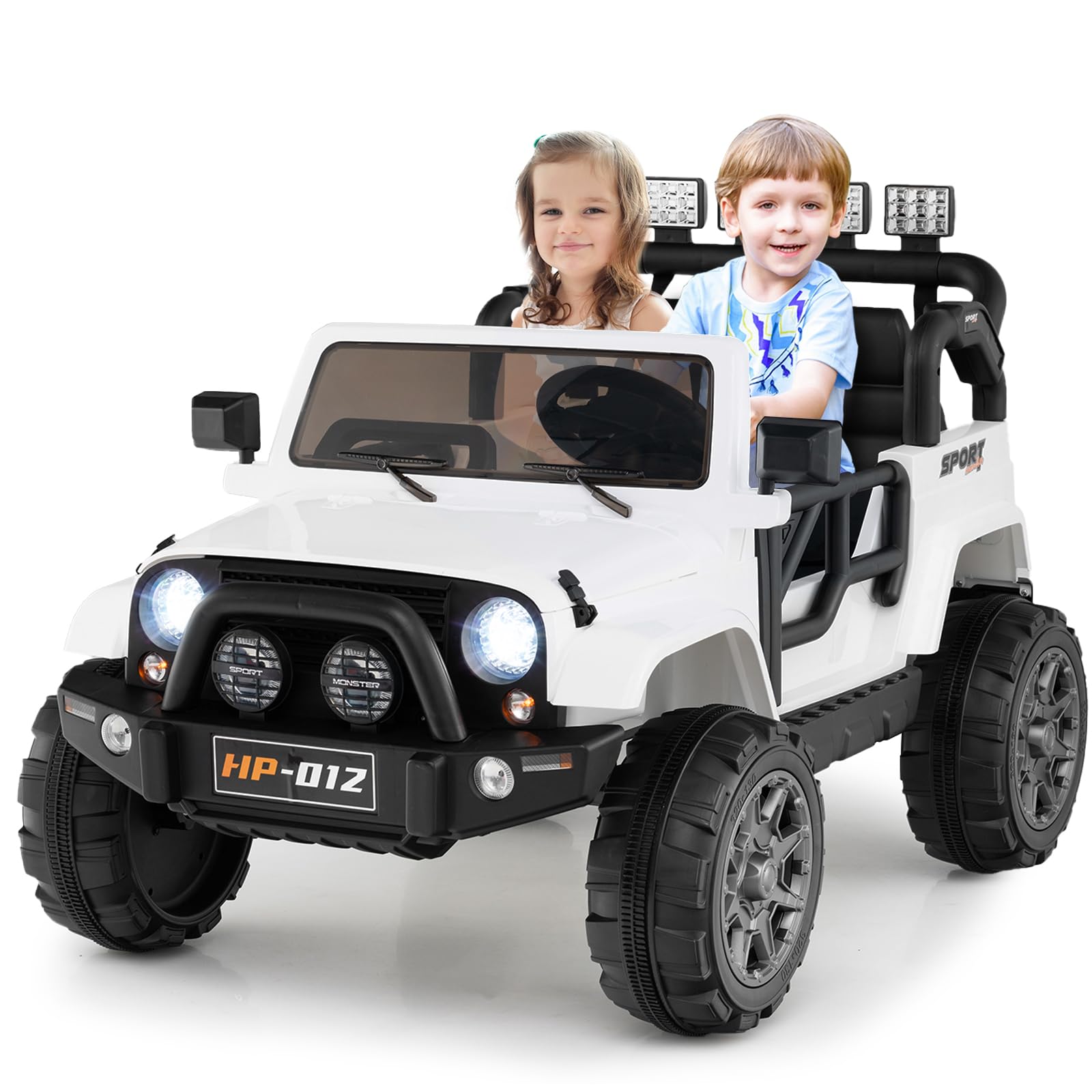 OLAKIDS 2 Seater Ride on Truck, 12V Battery Powered Electric Vehicle for Kids with Remote Control, Power Display, LED Lights, Story, Suspension System, MP3, Ride on Toy for 3+ Boys Girls (White)