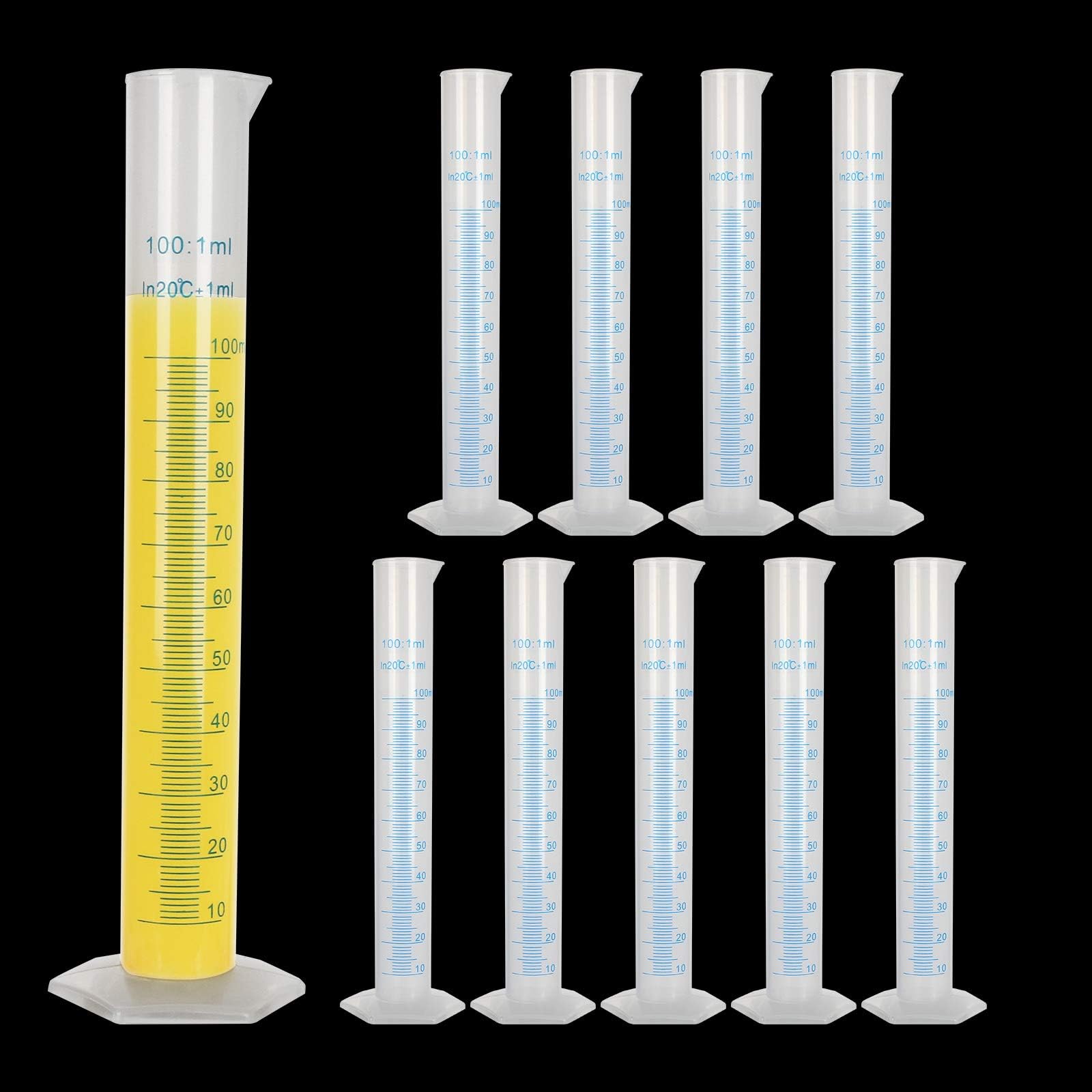 Plastic Graduated Cylinder, Transparent Measuring Cylinder Durable Lab Test Tube Flask, 2-Sided Measuring Lines Graduated Cylinder Beaker for Science Projects, Pour Spout (10, 100ml)