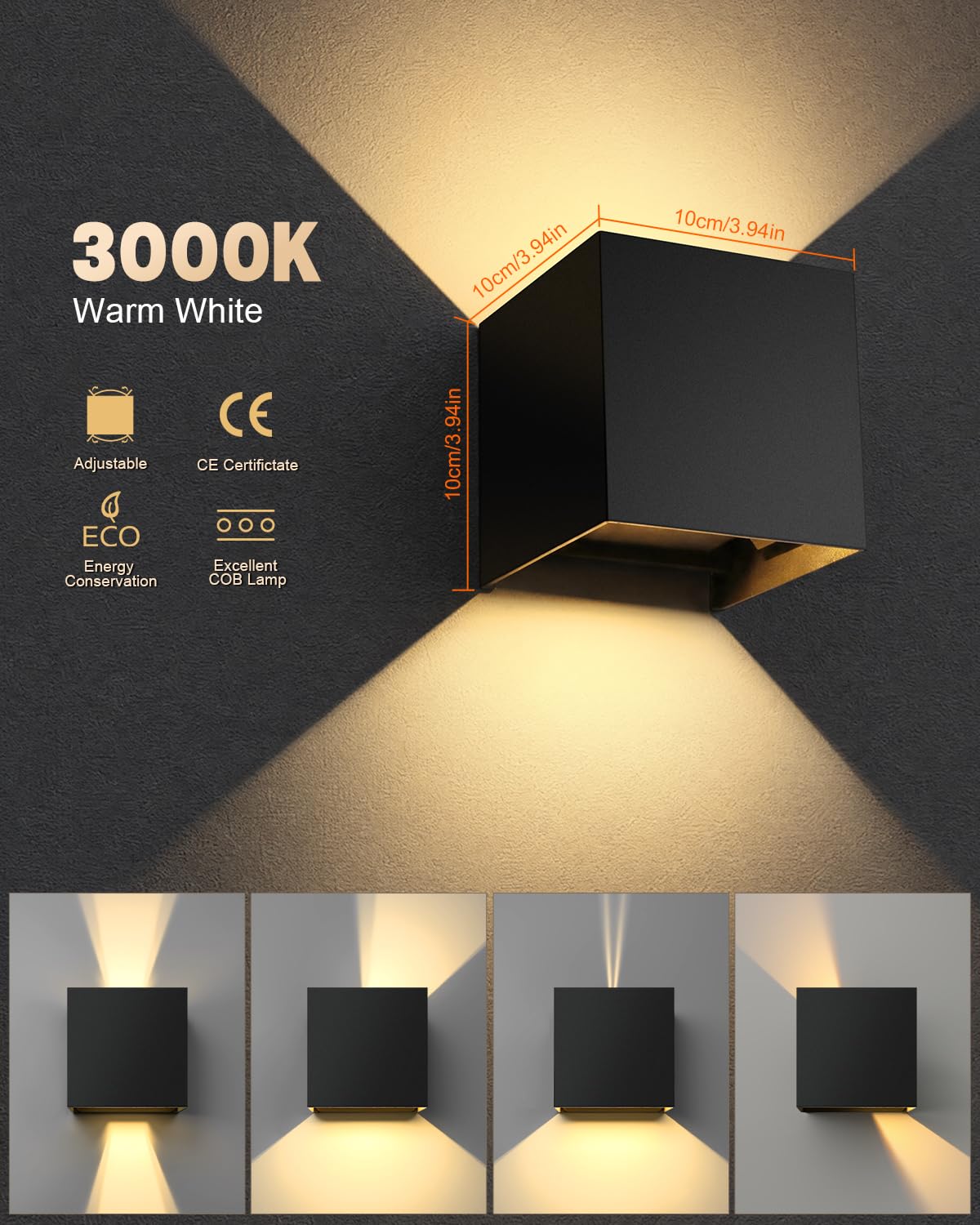 ledmo 8 Pack Applique Murale Extérieur LED 12W 3000K IP65 Noir Réglable