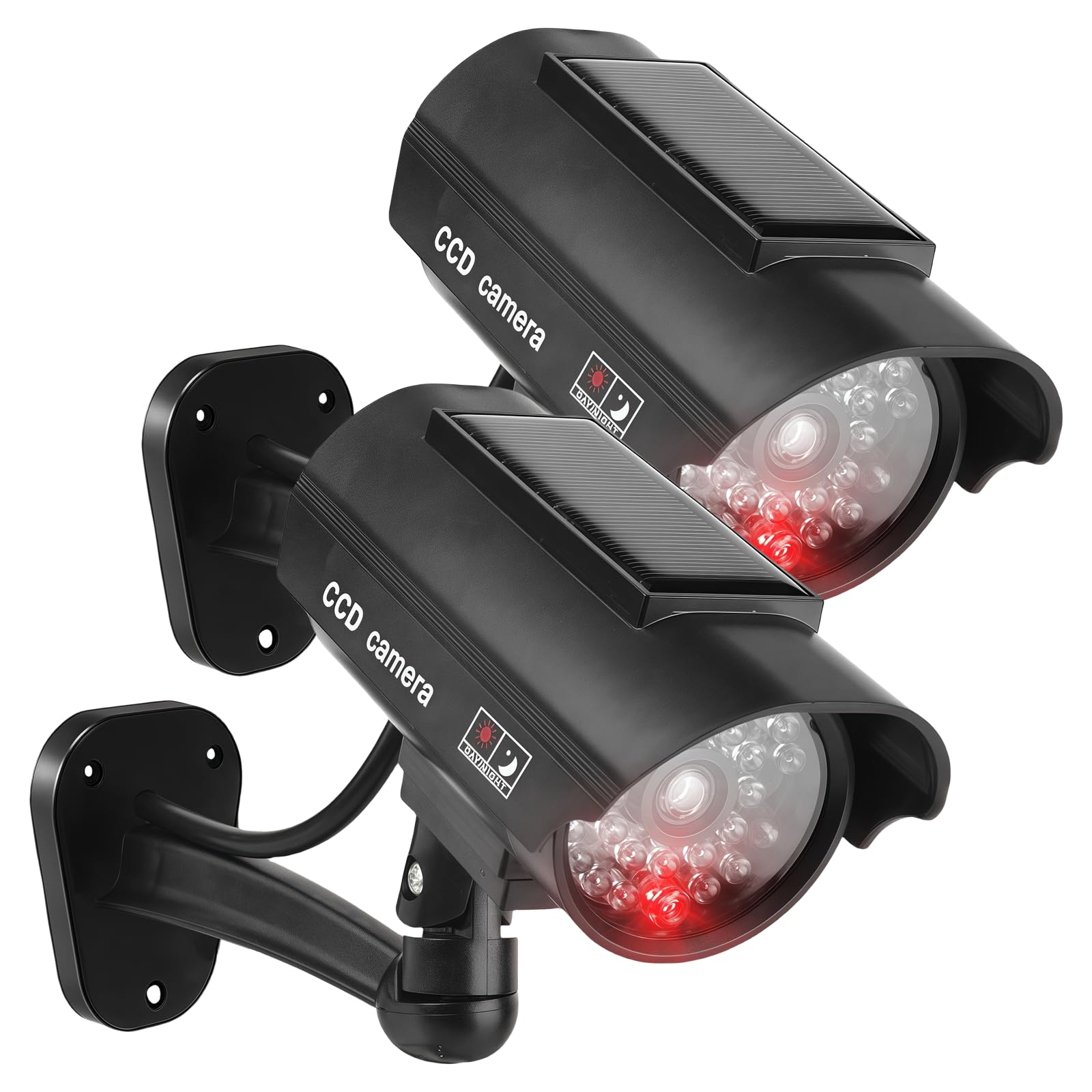 Sporgo 2 pièces Caméra factice Extérieur: Caméra de surveillance factice solaire avec lumière LED rouge clignotante, caméra de surveillance factice caméra de sécurité factice pour intérieur et