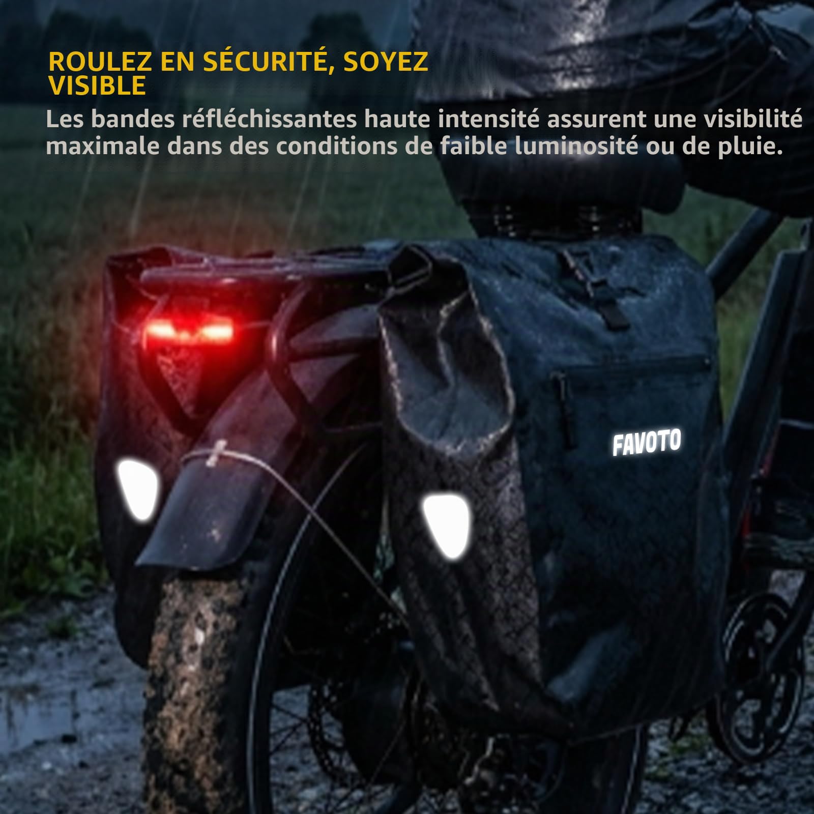 Favoto Sacoche Vélo Porte Bagage Arrière Imperméable, 56L (2×28 L) | Sacoche Vélo Réfléchissante à Libération Rapide avec Sac Intérieur, pour Vélo Électrique et VTT