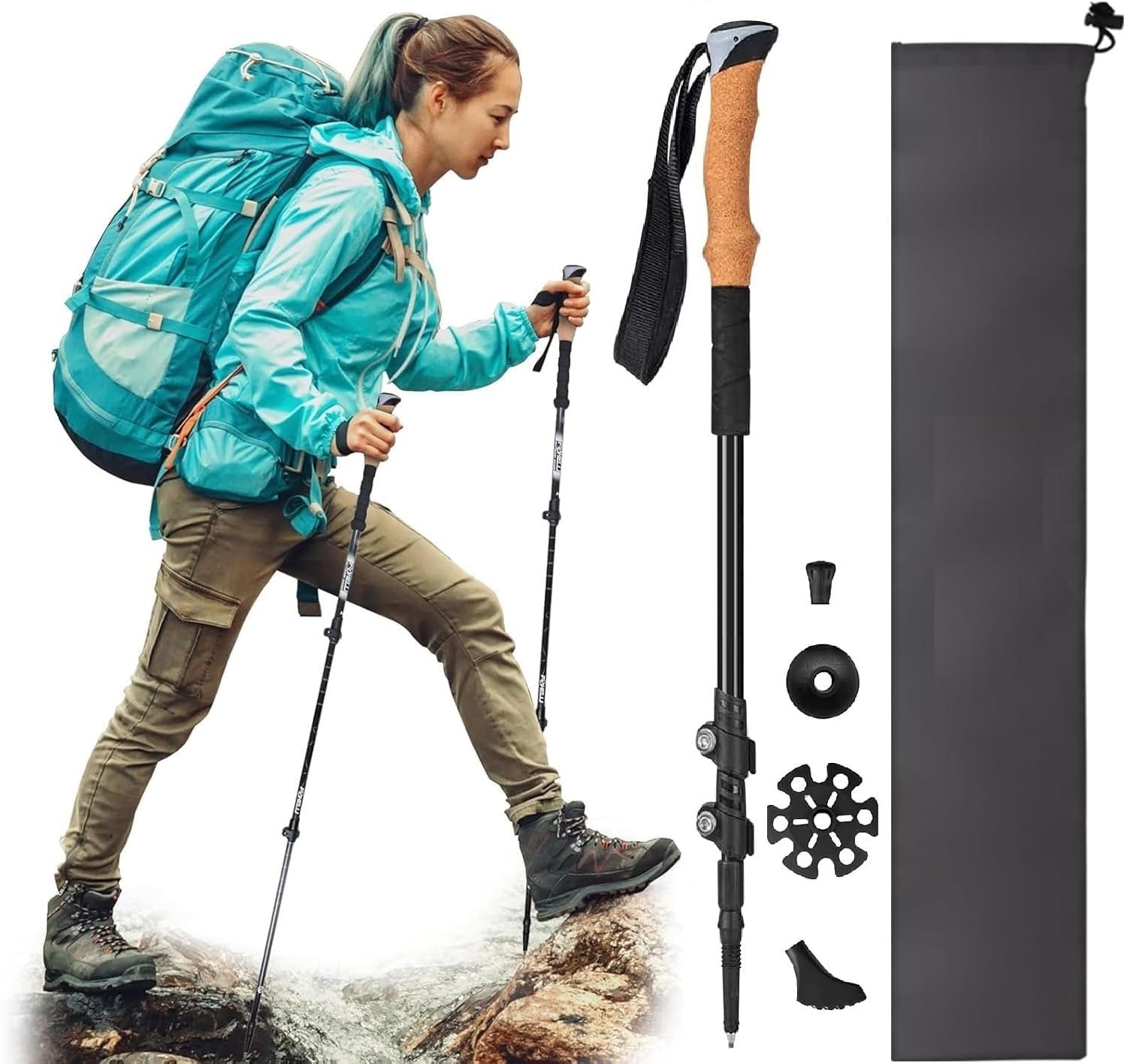 Rexmon Trekking Poles for Hiking - Lightweight Collapsible Walking Sticks with Adjustable Length, Anti-Shock Tips, Foam Grip & Accessories - Hiking Gear for Men & Women - Includes Carry Bag,1 Pcs-image-24