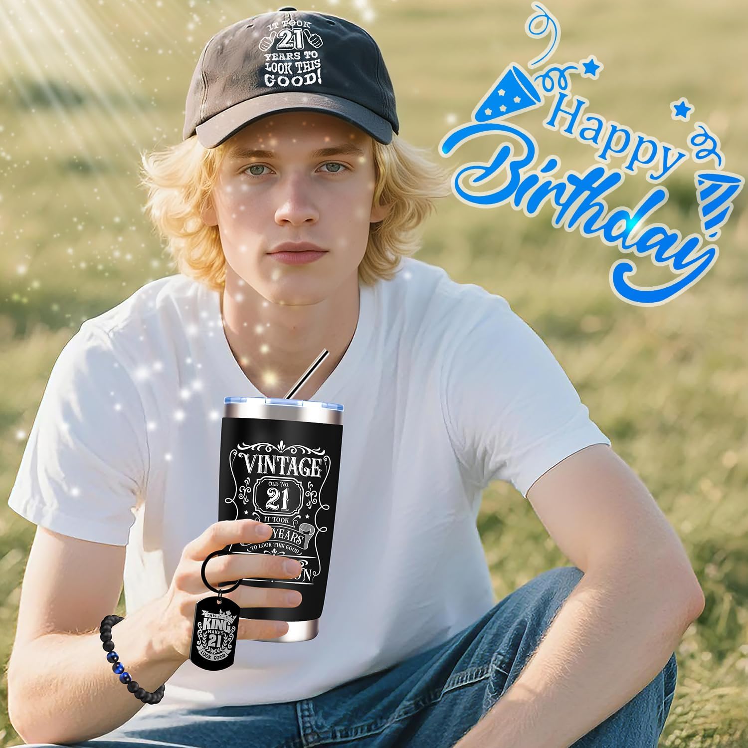 9 Pcs Happy 21st Birthday Gifts for Boys, 21 Year Old Boy Birthday Gifts with 20 Oz Tumbler, Funny Socks, Toilet Paper, Bracelet, Baseball Cap, Keychain for Son, Nephew, Grandson, Brother - Image 4