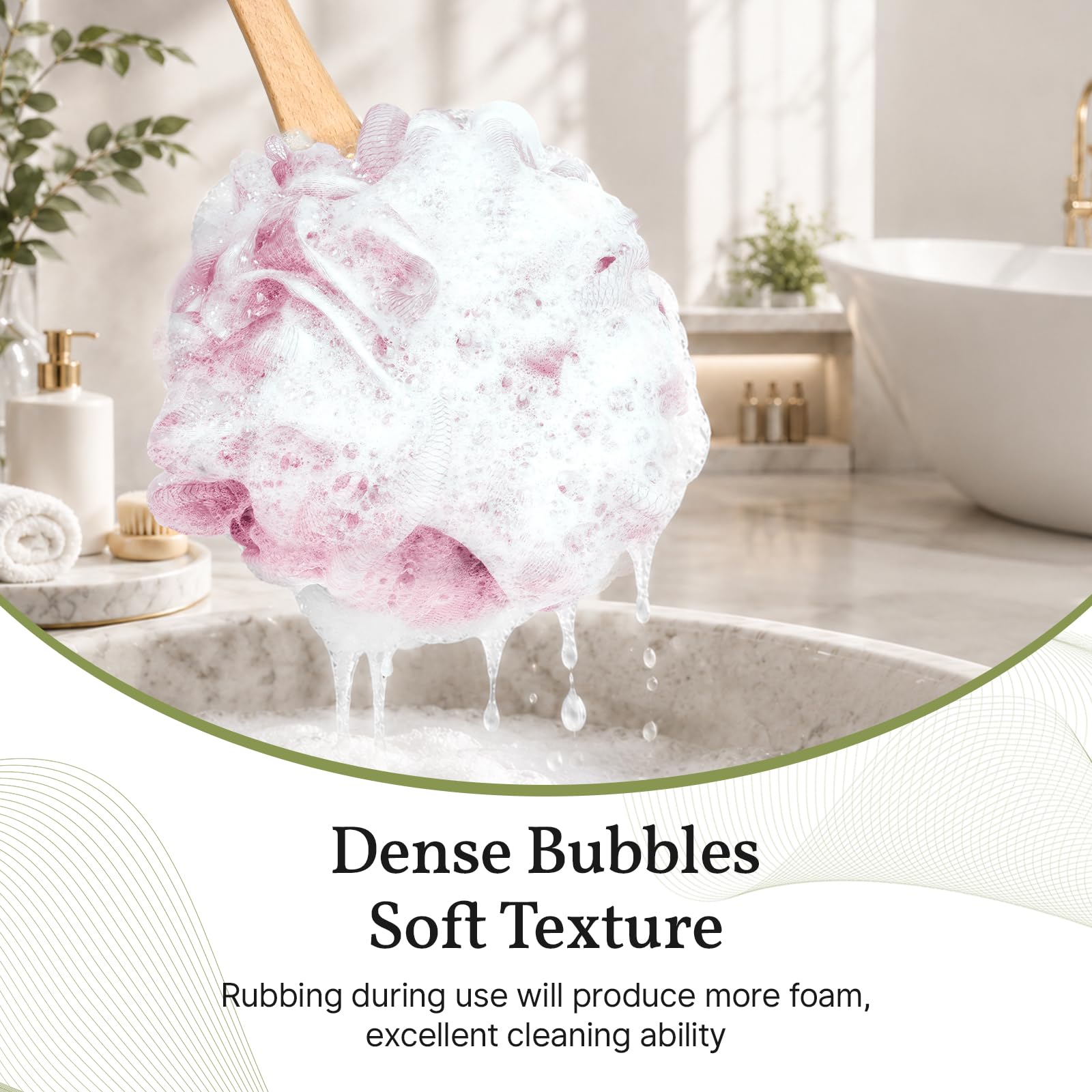 AmazerBath Esponja de ducha de lufa para espalda, esponja de esponja de polietileno de malla suave para cuerpo con mango largo de madera, esponja de baño para hombres y mujeres (rosa)
