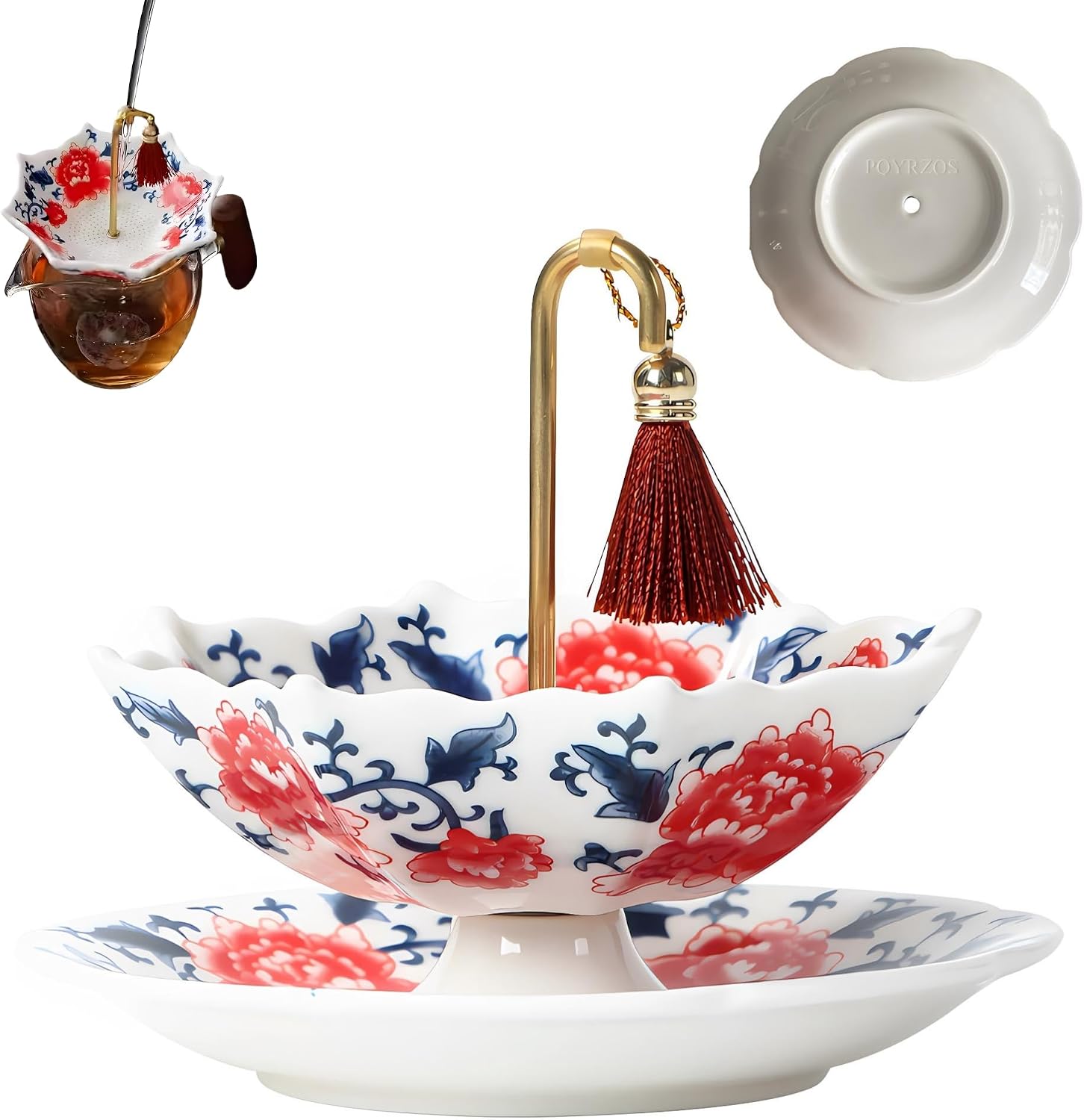 Umbrella Ceramic Tea Strainer, Blue‑White Porcelain Rotating Leaf Filter