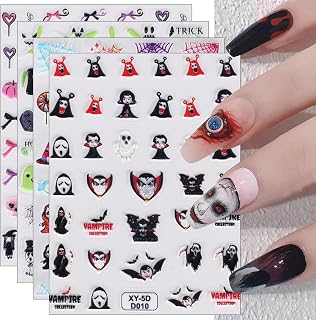 JMEOWIO 3D Embossed Halloween Nail Art Stickers Decals Self-Adhesive 5D Skull Horror Ghost Witchy Spider Web Bat Nail Supplies Nail Art Design Decoration Accessories 4 Sheets