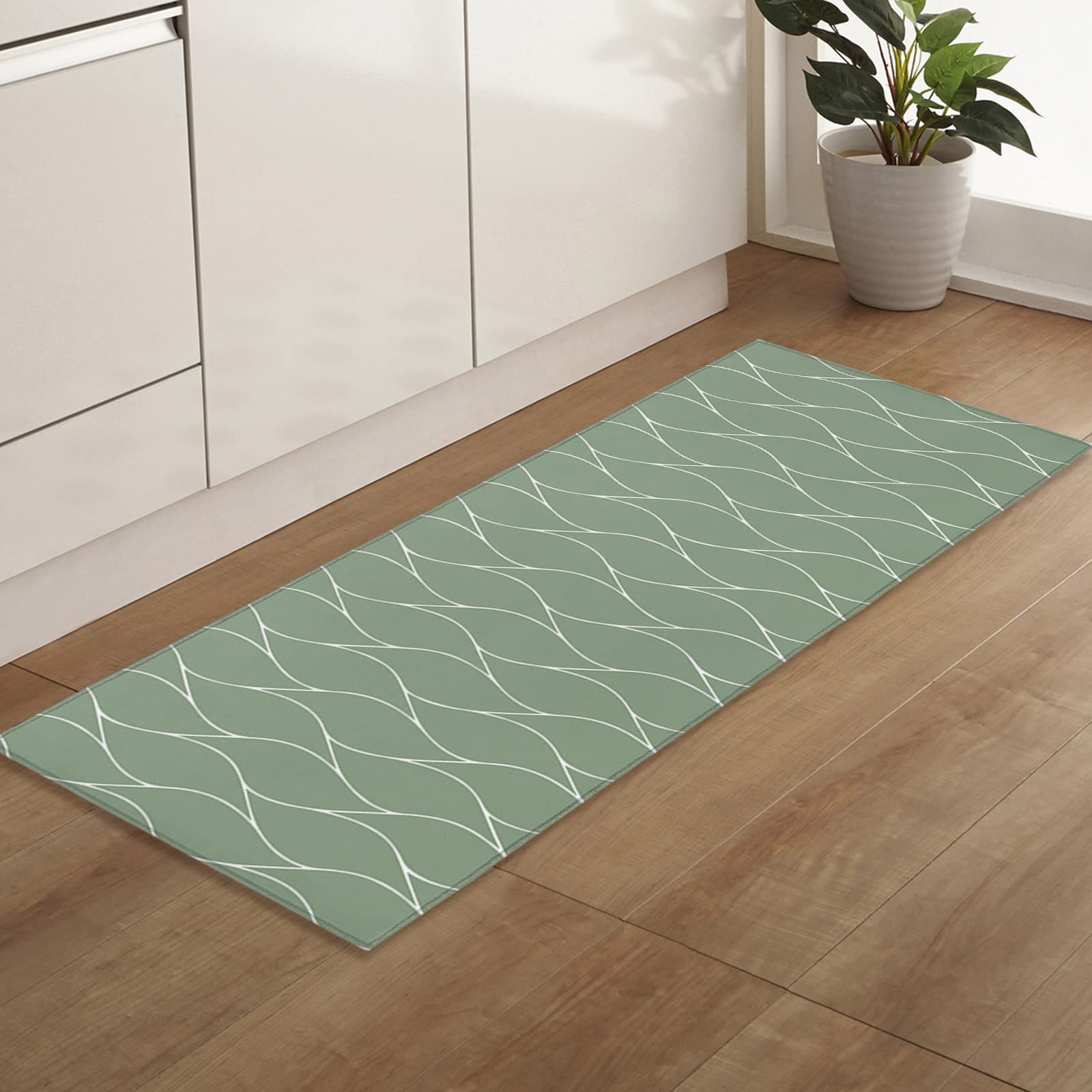 Runner Rugs, Farmhouse Decoration Sage Green Geometric Pattern Non Slip Low Profile Hallway Runner Rug for Entryway Entrance Kitchen Laundry Room