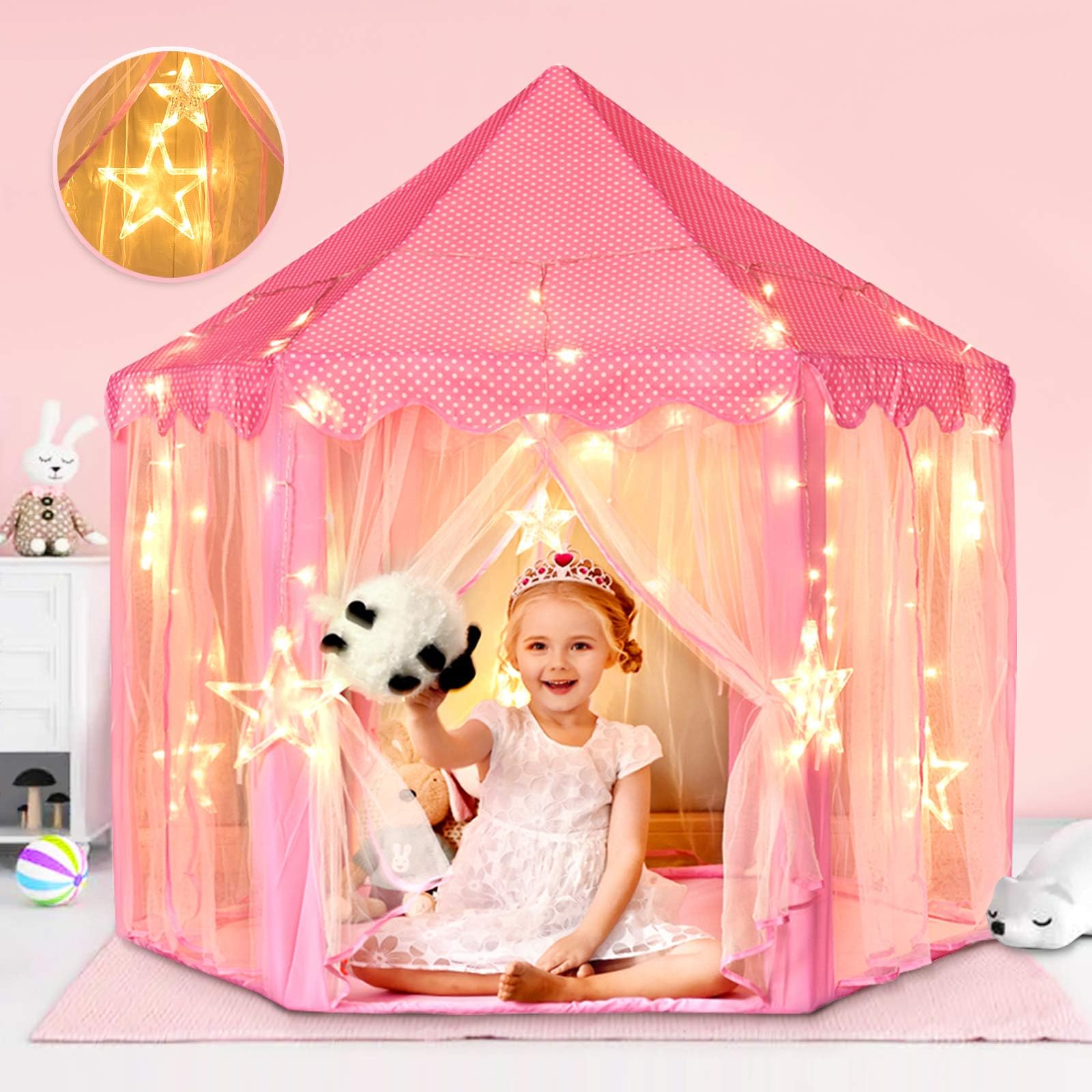 wilwolfer Princess Tent for Girls with Large Star Lights, Kids Play Tent Large Space Playhouse for Children Indoor Games, Gift Toy for Kids Girls & Boys