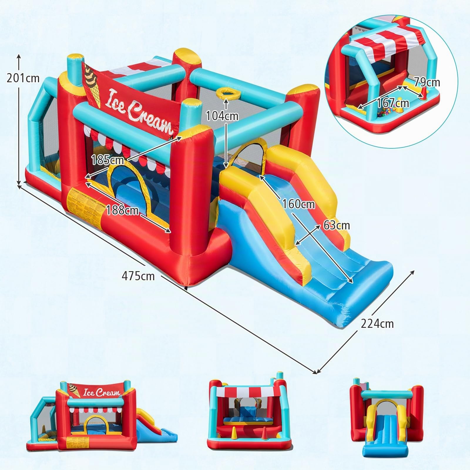 COSTWAY Castello Gonfiabile 5 in 1 per Bambini di Tema Gelato, Castello Gonfiabile con Scivolo, Canestro, Trampolino e Vasca, Gioco Gonfiabile con Anelli e Palline per Interno ed Esterno