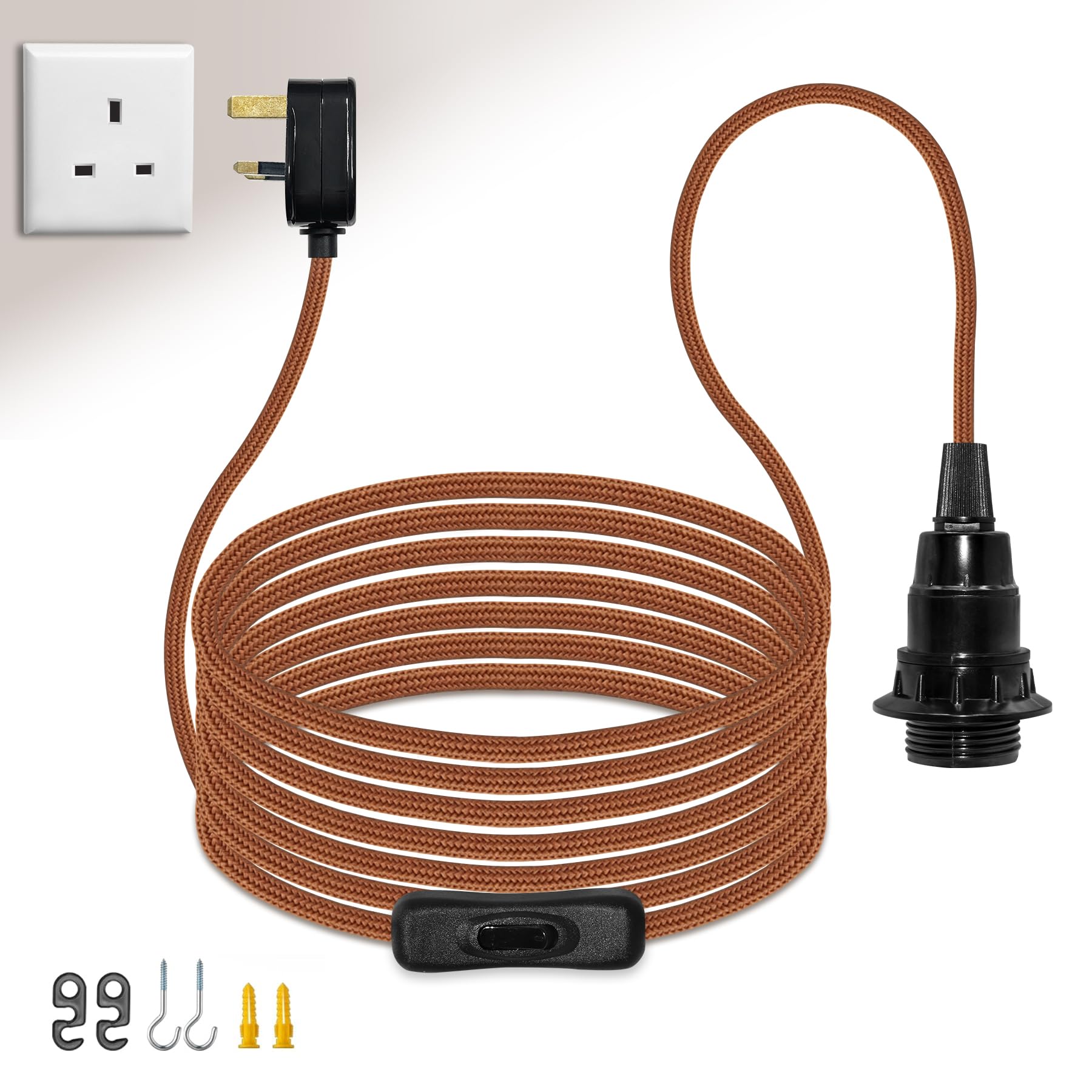 ZRLXFM E14 Woven Lamp Holder with Switch, 450cm Brown Nylon Cable with UK Plug, Compact Switch, Retro Pendant Light DIY Set for Free Hanging, Can Be Equipped with a Lampshade