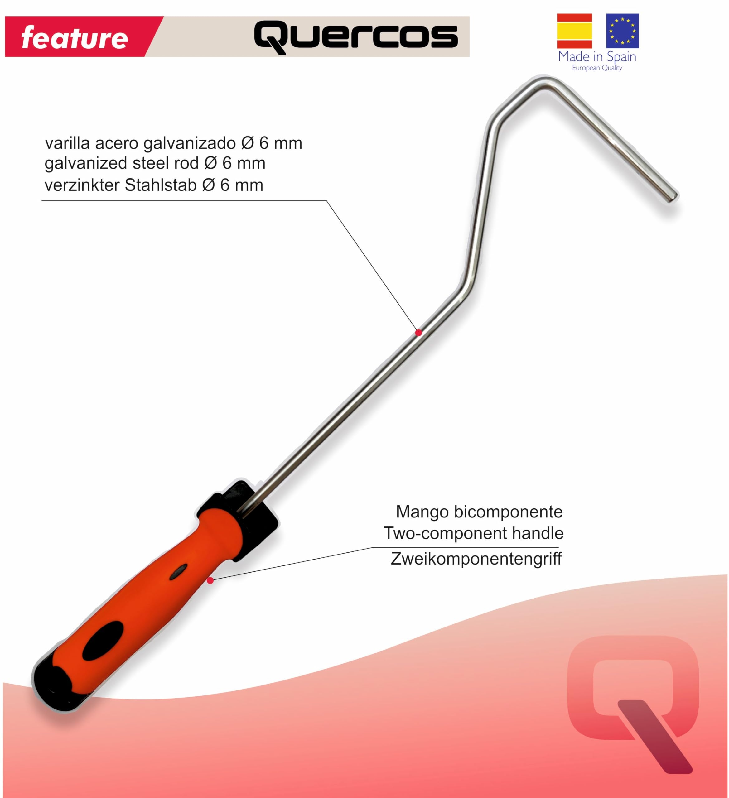 Set 4 Manici/Telai Rullo Quercos Soft Ø6 mm | Lunghezza 40 cm | Archetto in acciaio zincato | Impugnatura bi-materiale ergonomica | Per mini rulli 10–12 cm | Pacco risparmio fai-da-te e pittori