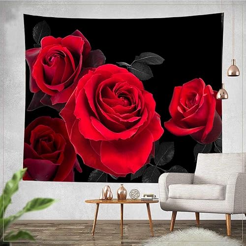 LIVILAN Tapiz de rosa roja tapiz floral para colgar en la pared tapiz botánico de naturaleza roja y negra para dormitorio sala de estar decoración