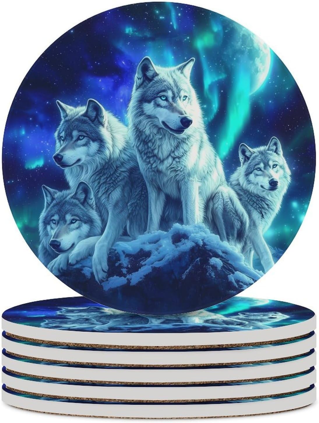 Wolves Northern Lights Coasters for Drink Round Ceramic Coaster with Cork Base Home Decorative 6PCS