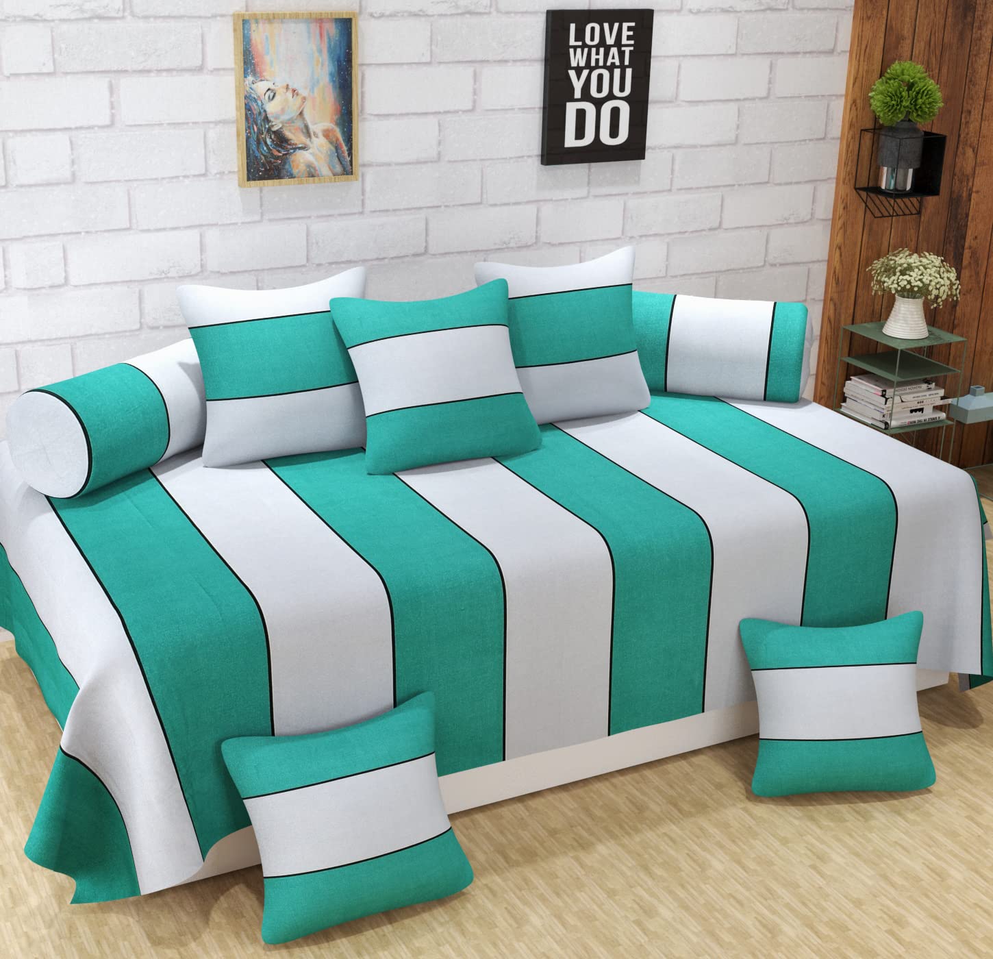 WYTOMAH Microfiber Fabric Diwan Blend Set of 8 Pieces Color- Grey Green Pattern-Striped-image-25