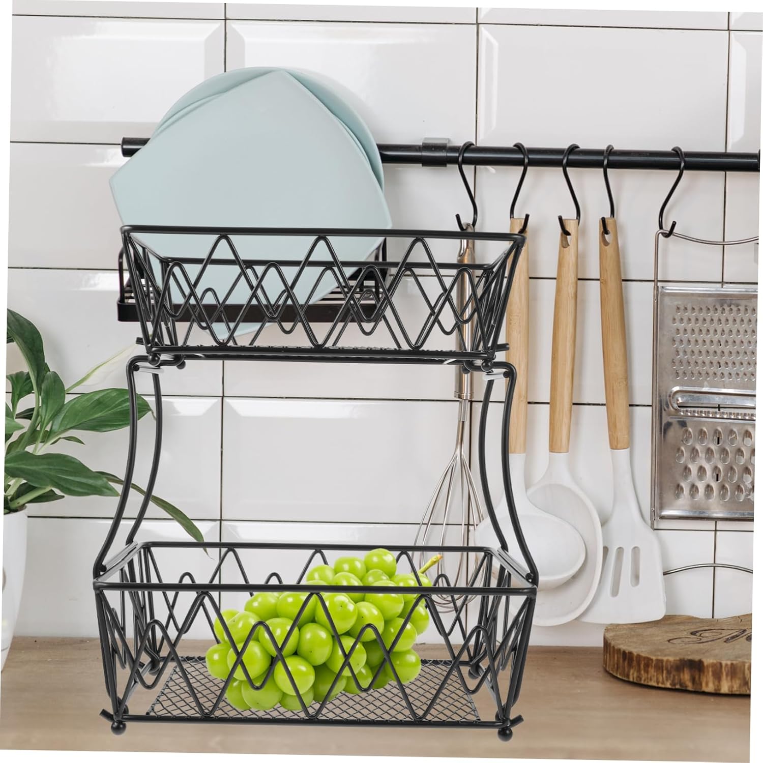 1Pc Double Layer Iron Basket for Kitchen Versatile Vegetable and Fruit Storage Organizer Stylish Black Design for Practical Use and Home Decor