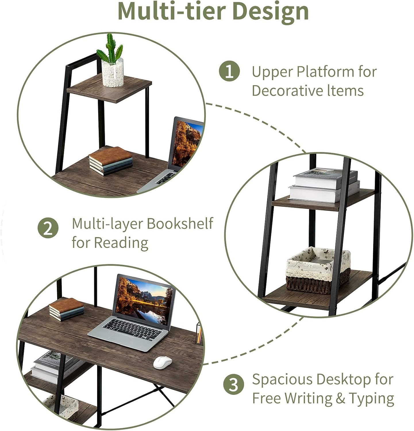 Office Desk Computer-Desk with Shelves 40" Writing Desk with Shelf Small Study Desk with Bookshelf PC Laptop Table for Home Office, Brown : Home & Kitchen
