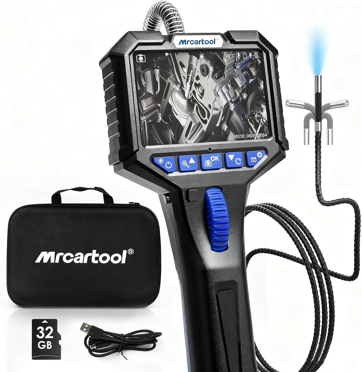 MRCARTOOL Endoscopio Industrial con Luz, 360° Giratorio Bloqueable Endoscopio Cámara de Inspección con 3.5" HD Pantalla, 6.2mm 1080P Cámara de Tubería, 32GB SD Card, 6 LED, IP67,1M Cable Semirrígido