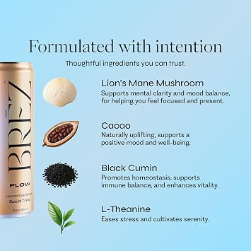 BREZ Mushroom Drink Variety Pack - Flow, Dream & Elevate - Lions Mane, Reishi, Cordyceps Mushrooms, Non-Infused, Adaptogen Tonics for Focus, Sleep, Mood & Energy, Vegan, 12 fl oz Cans (24 Pack)