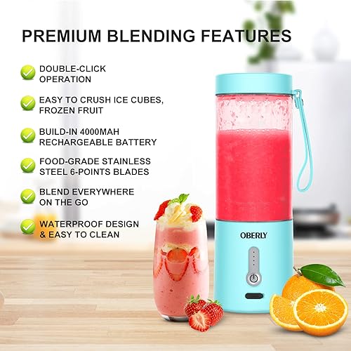 Miniatura 2 de OBERLY - Licuadora portátil para batidos y batidos, licuadora de viaje personal para proteínas con batería recargable USB de 4000 mAh, hielo