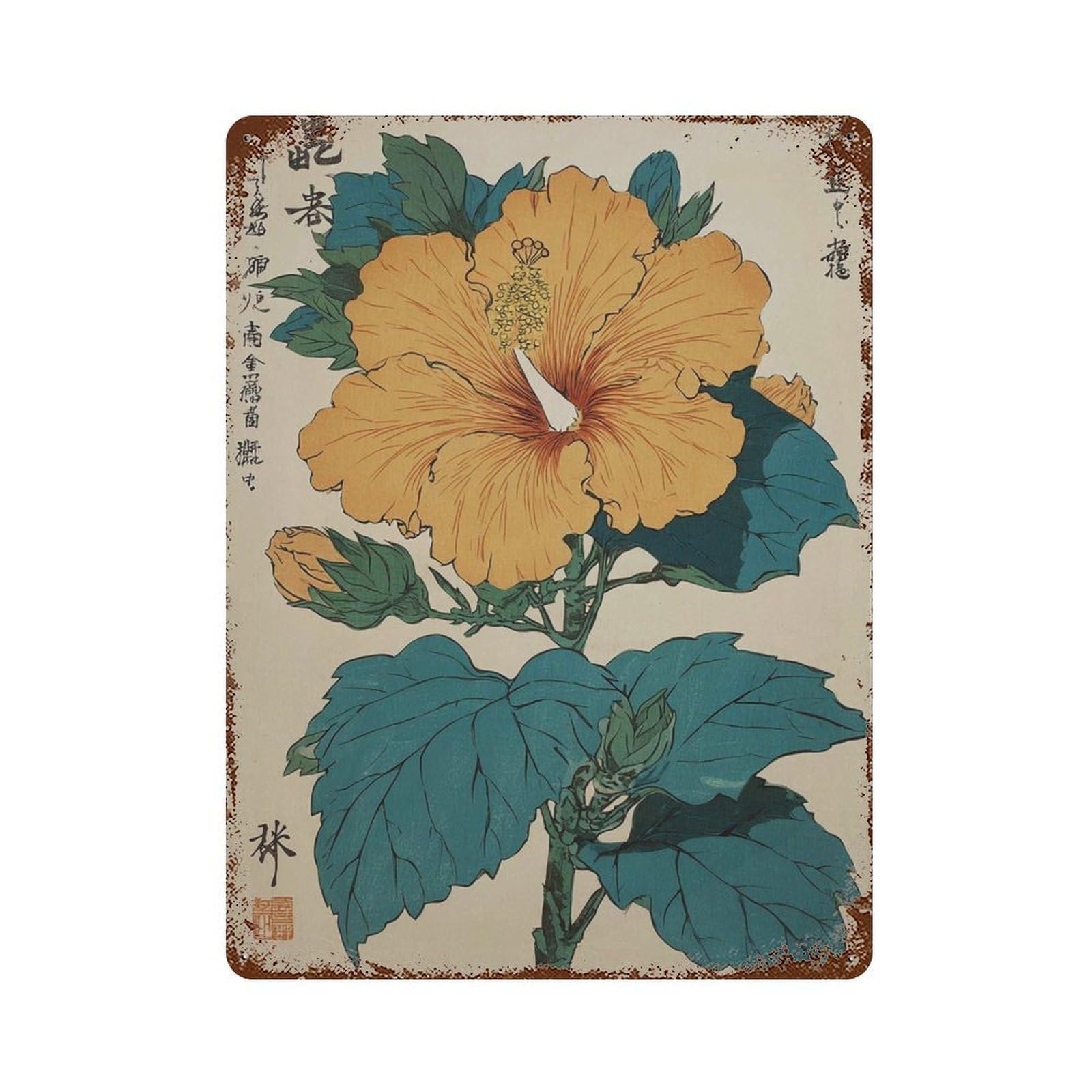 xiaoxiaoshen Japanese Hibiscus Botanical Traditional Floral Asian Nature Work Zen Wall Decor Art Metal Tin Poster Modern Home Decor Art Home Bar Shop Decorations Vintage Sign 40x30cm