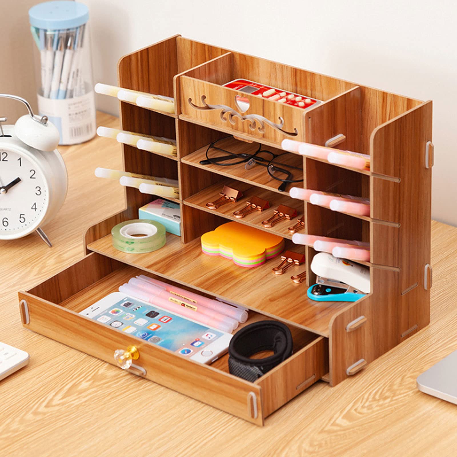 Portapenne Multifunzionale Portaoggetti da Tavolo Fisso con Cassetto, Multifunzionale Grande Organizer con Cassetto per Cancelleria, Ufficio, Casa e Scuola,Oak