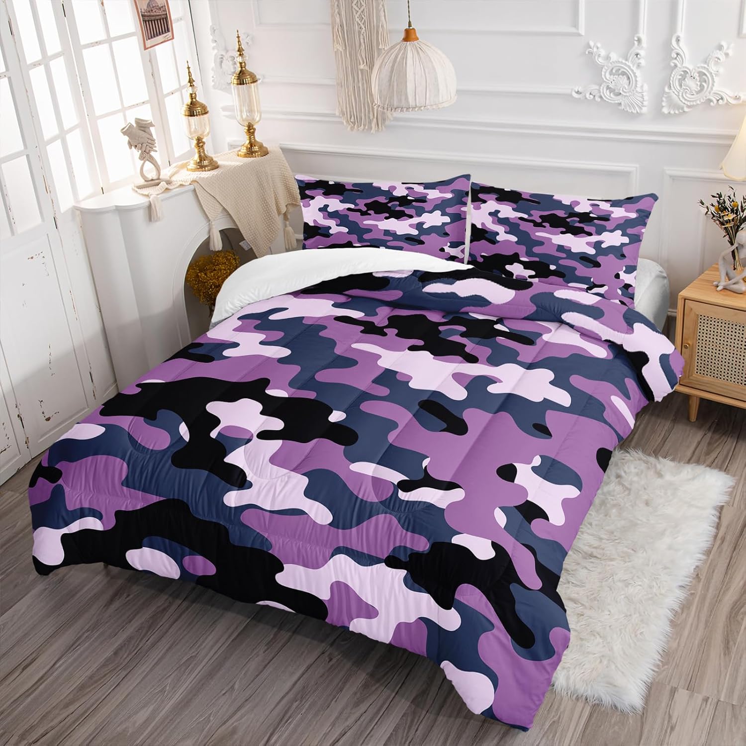 Nttopship Purple Camo Bedding Set Full Size,Black and Violet Camou Camouflage Comforter Set 3Pcs,All Season Lightweight Bedspread for Boy Kids Teens Adults with 2 Pillowcases