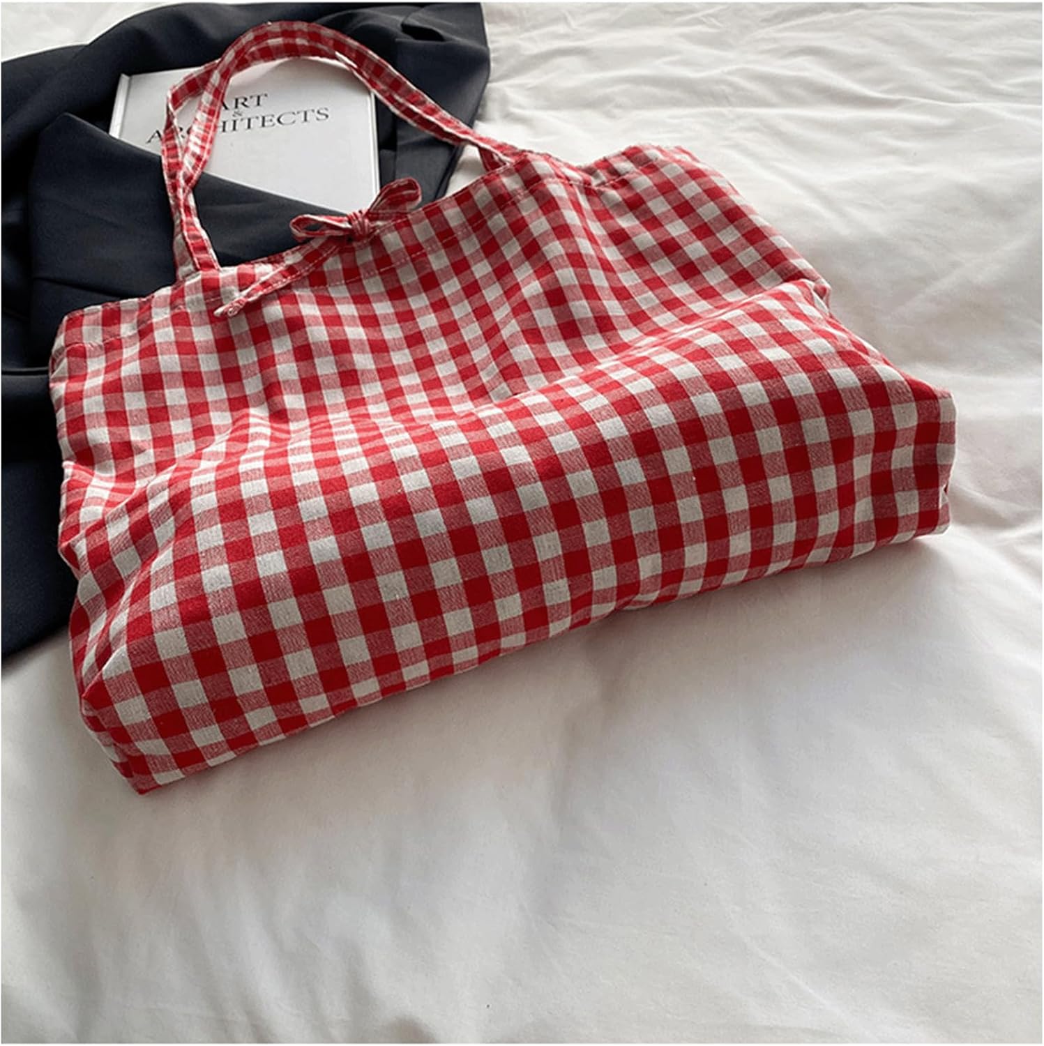 Gingham Tote Bag Vintage Shoulder Tote Lightweight Shoulder Bag Gingham Large Capacity Handbag - Image 3