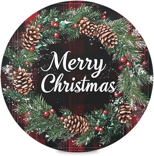 Miniatura 2 de Kcldeci Juego de 6 manteles individuales redondos de Feliz Navidad para mesa de comedor, manteles individuales de Navidad, a cuadros, resistentes al